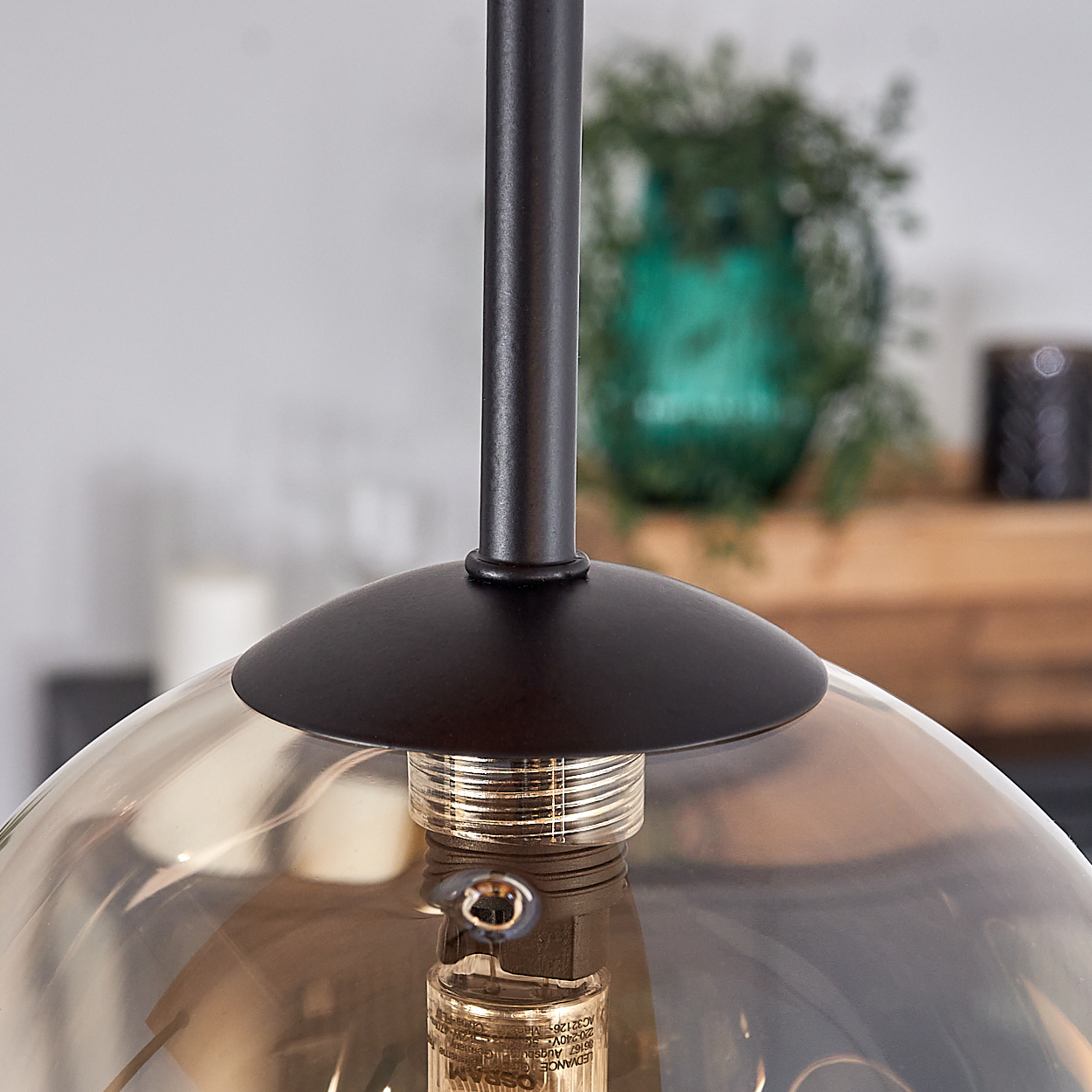 Nahaufnahme einer Pendelleuchte mit Glasschirm. Dunkler Metallschaft und -schirm. Im Hintergrund sind eine Pflanze und Dekoration zu sehen.