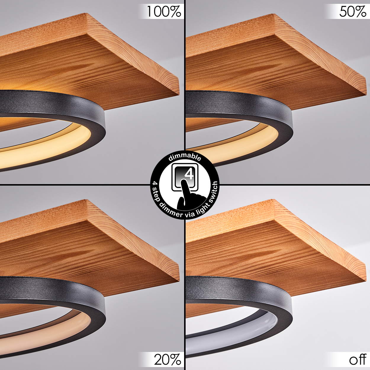 Eine dimmbare LED-Lampe mit Holzregal. Zeigt vier Lichteinstellungen: 100 %, 50 %, 20 % und aus. Ein schwarzer Ring umgibt das Licht.