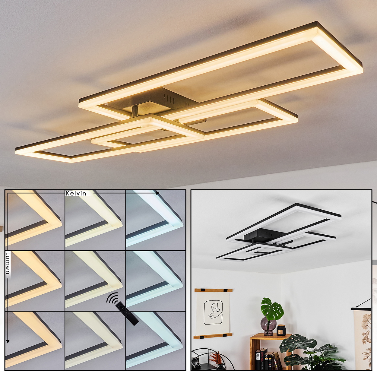 Moderne LED-Deckenleuchte mit rechteckigen Rahmen. Sie hat einstellbare Farbtemperaturen, die mit verschiedenen Lichteinstellungen demonstriert werden.
