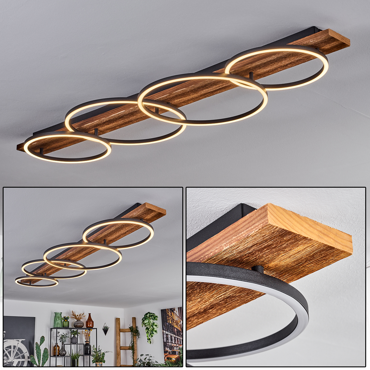 Moderne Deckenlampe mit Holz- und Metallelementen. Kreisförmige Lichter sind an der Holzbasis befestigt und beleuchten den Raum.