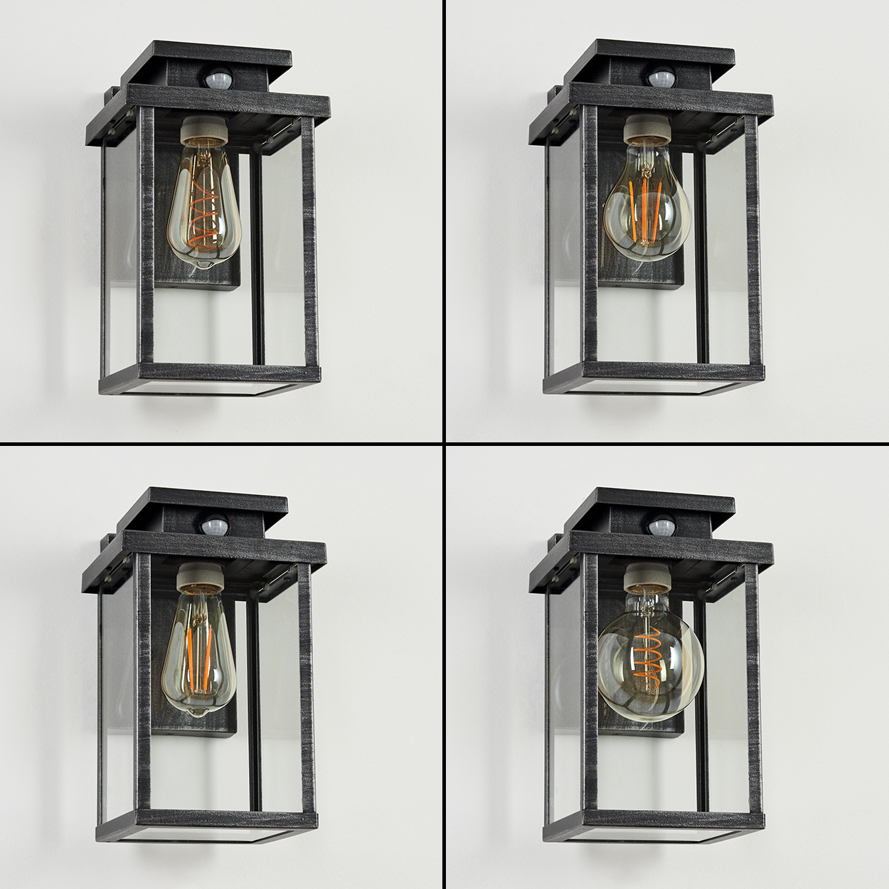 Vier schwarze Außenlampen mit verschiedenen Glühbirnen an einer weißen Wand. Jede Lampe hat einen Bewegungssensor.