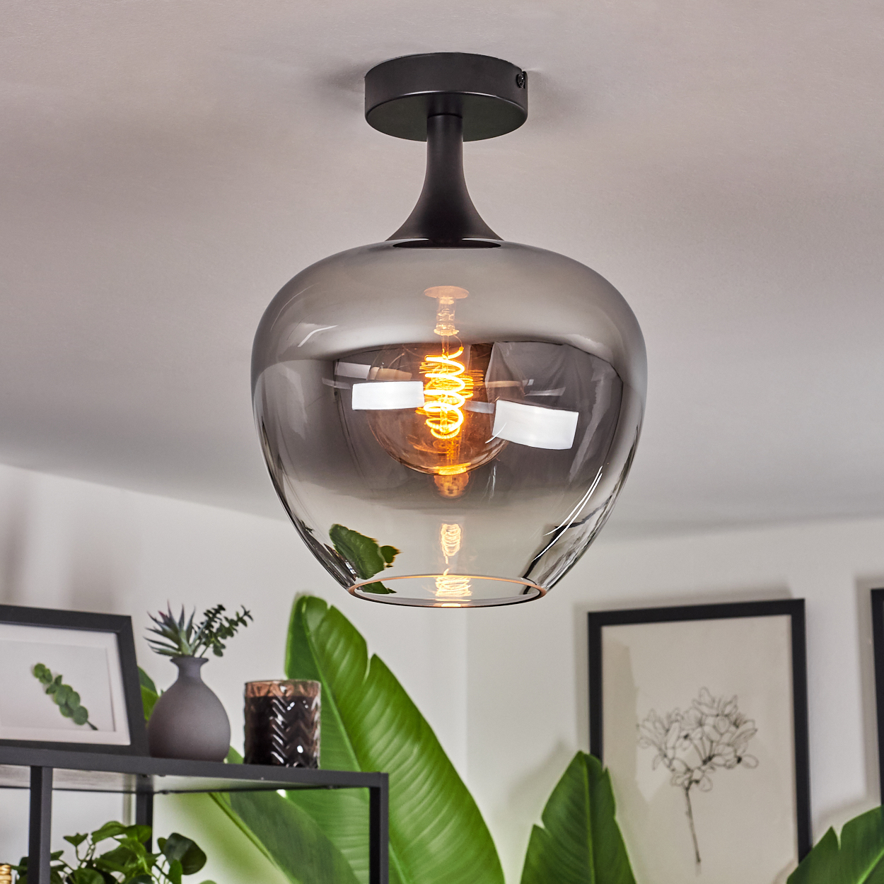 Eine moderne Deckenlampe mit grauem Glasschirm und sichtbarer, warm getönter Glühbirne. Dekorative Pflanzen und gerahmte Kunstwerke im Hintergrund.