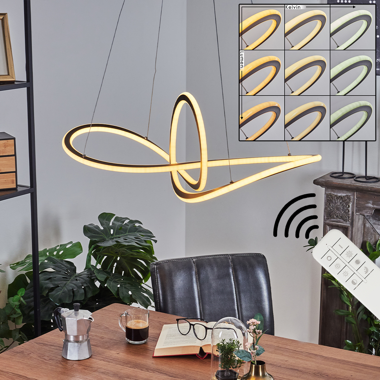 Eine moderne Hängelampe mit einstellbaren Lichteinstellungen hängt über einem Holztisch mit Kaffee und einem Buch. Eine Fernbedienung ist vorhanden.