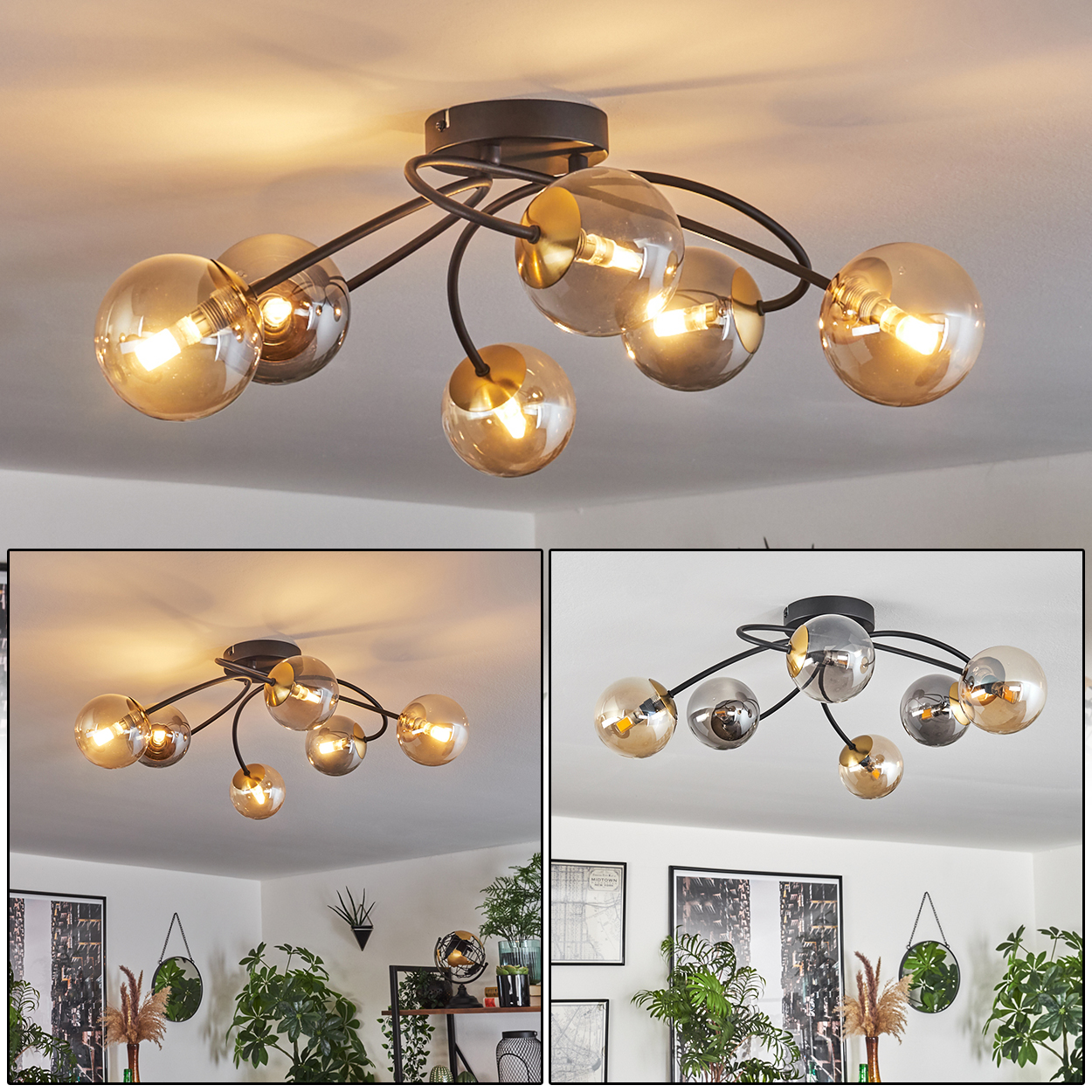 Deckenleuchte mit mehreren Glaskugeln, schwarzen Armen. Der Hintergrund zeigt eine weiße Decke und einen Raum mit Pflanzen.