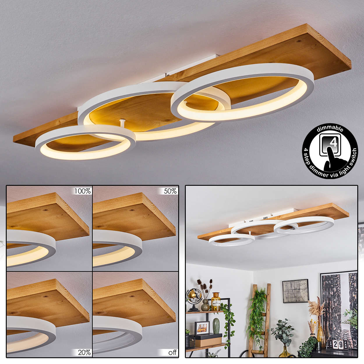 Eine moderne Deckenleuchte mit drei weißen Ringen und einem Holzsockel. Sie hat einen Dimmschalter und verschiedene Helligkeitsoptionen.