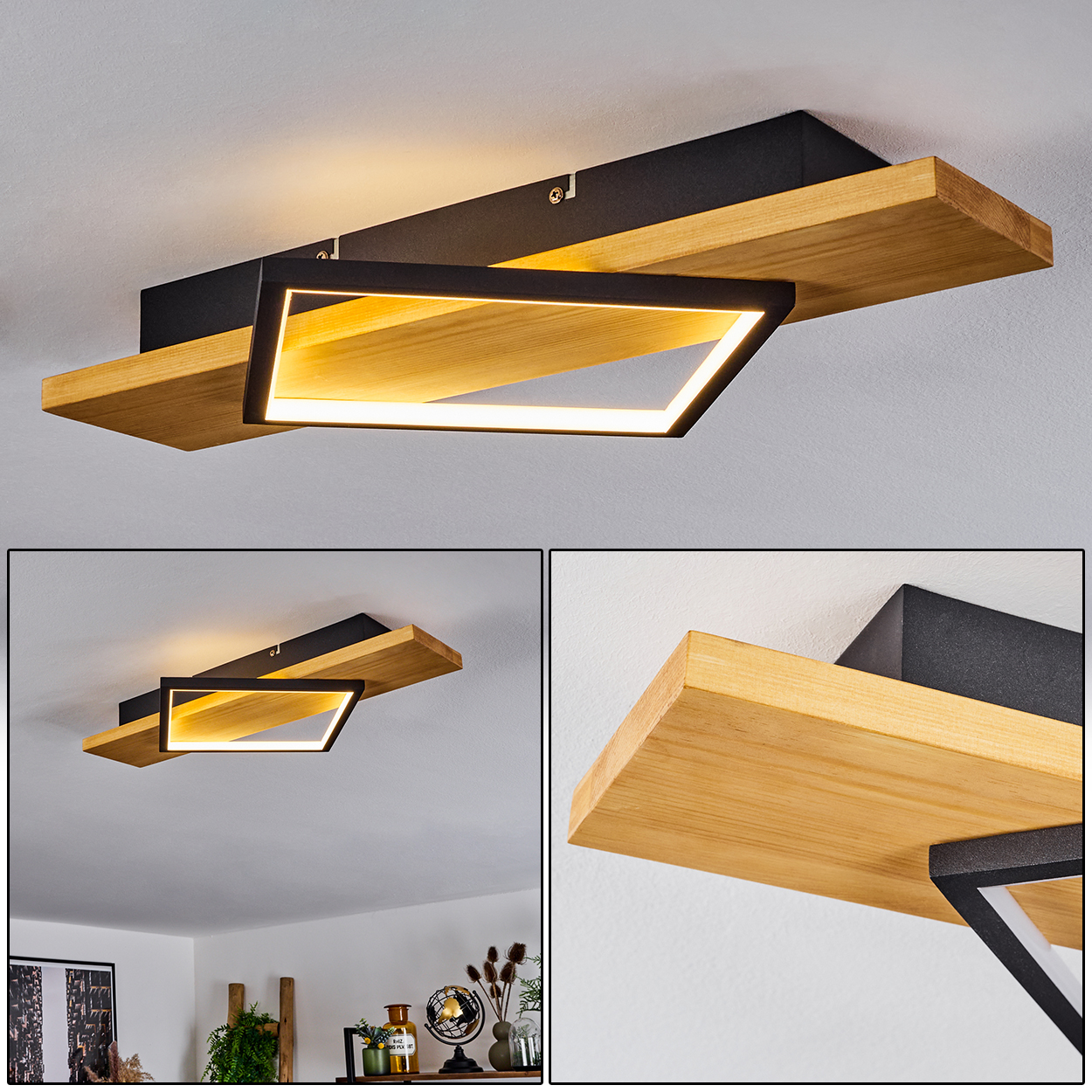 Deckenlampe mit Holz- und Schwarzelementen. Rechteckiges Licht in einem Rahmen. Holzregalähnliche Strukturen. Licht ist an.