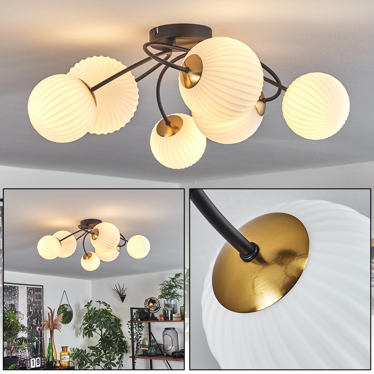 Eine Deckenlampe mit weißen, kugelförmigen Lichtern und einem schwarzen Rahmen. Die Lampe hängt in einem Raum mit Pflanzen von der Decke.
