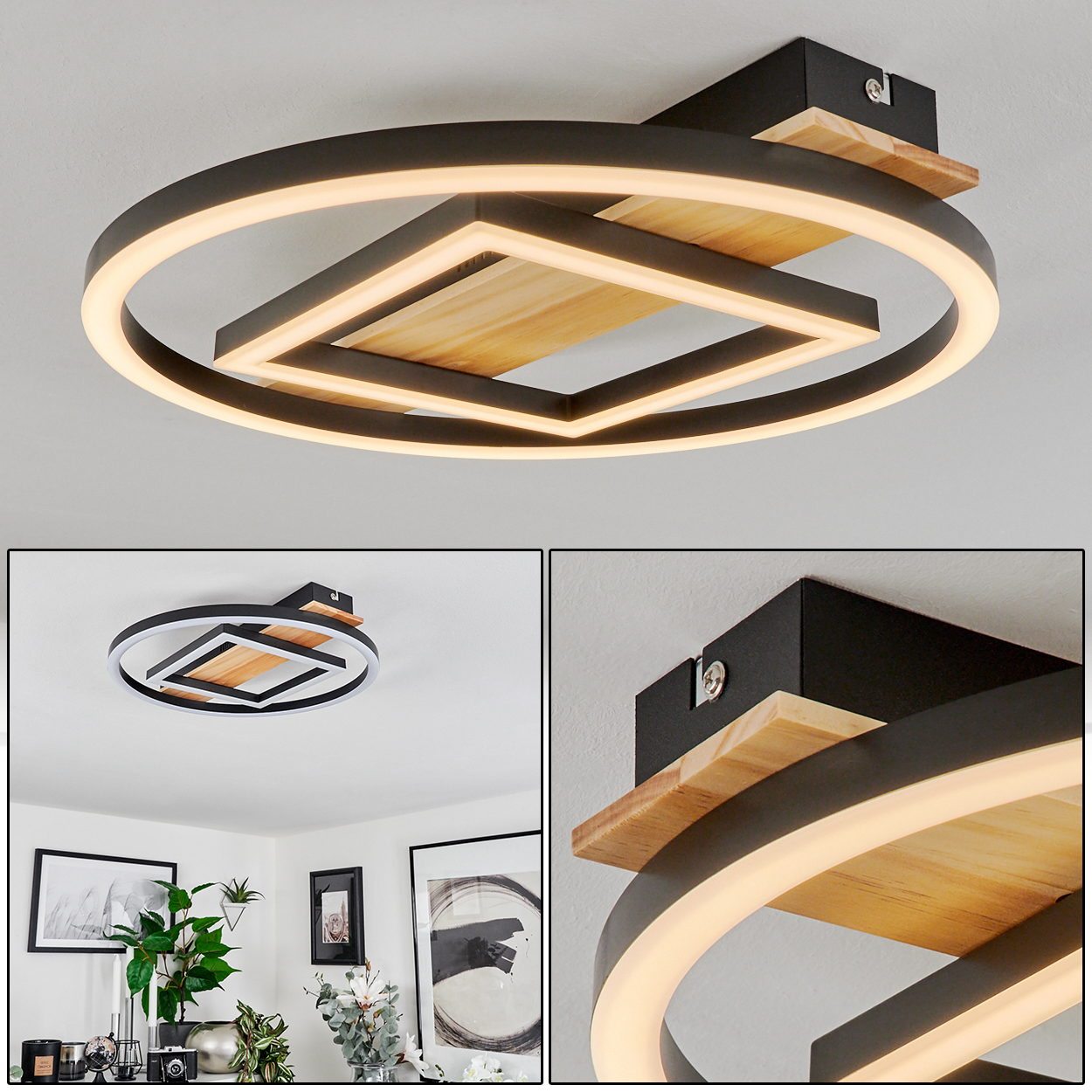 Moderne Deckenlampe mit kreisförmigem und quadratischem Design, schwarzem Rahmen, Holzakzenten und hellem weißen Licht, an der Decke montiert.