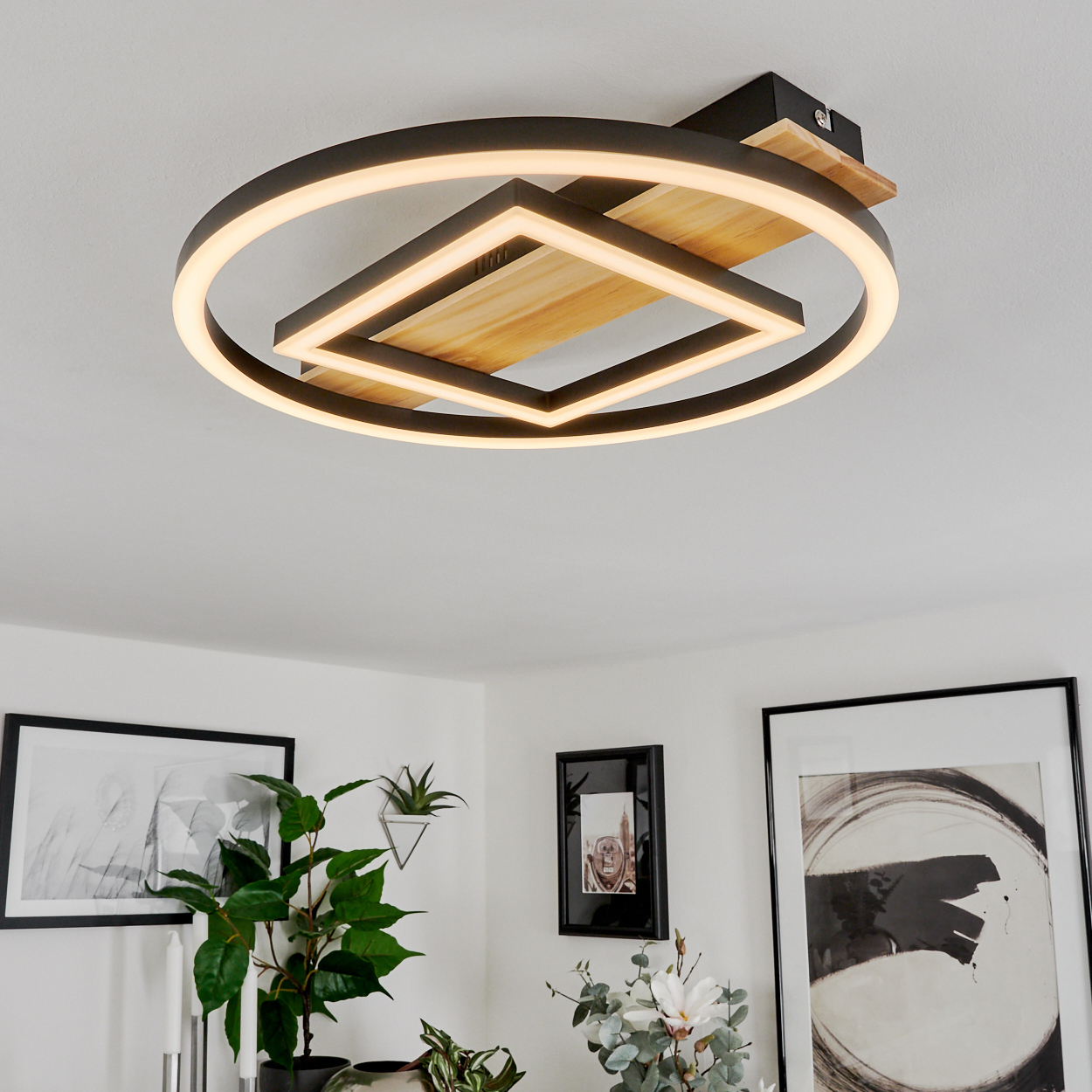 Eine moderne Deckenleuchte mit kreisförmigem und quadratischem Design. Darunter befinden sich gerahmte Bilder und Pflanzen an einer weißen Wand.