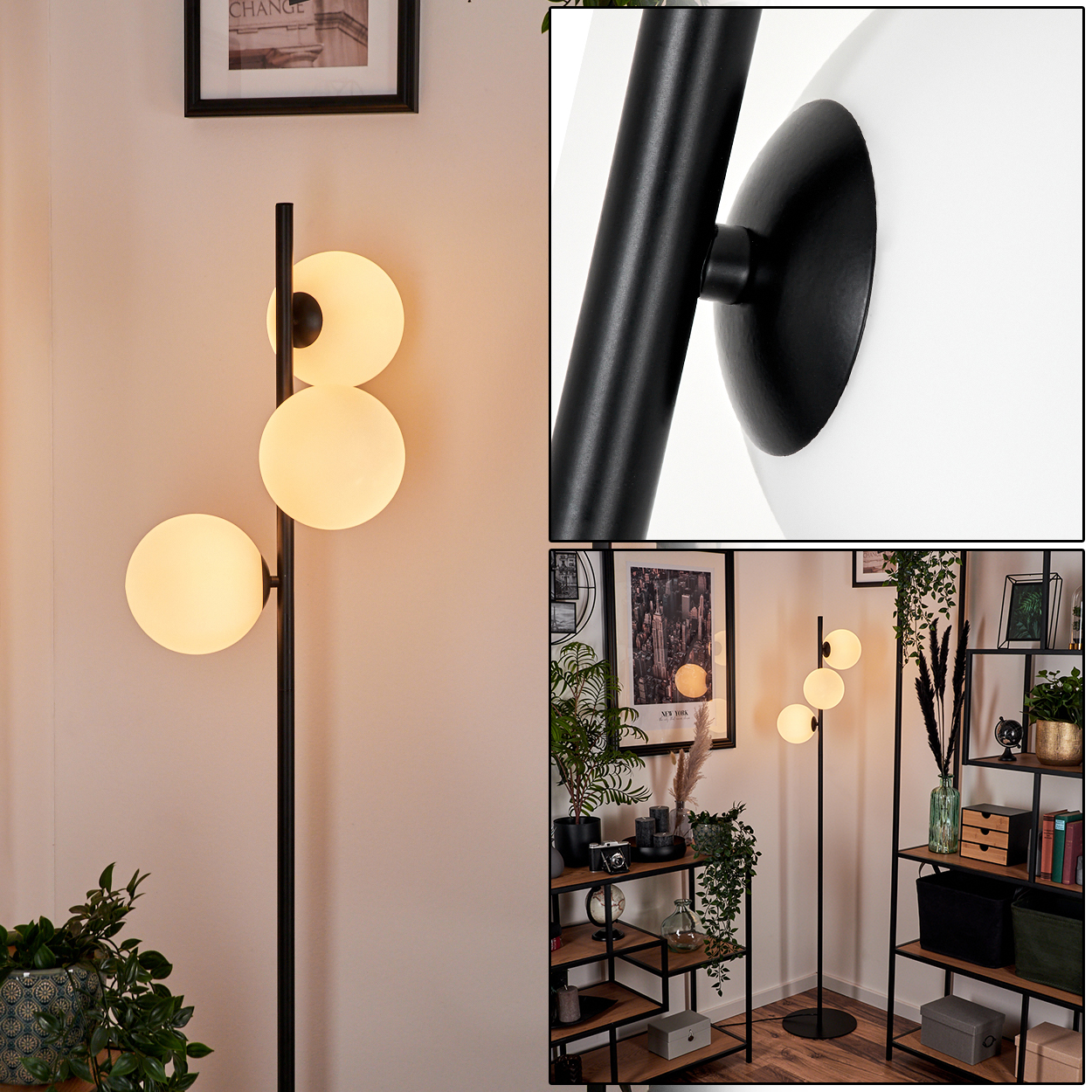 Eine moderne Stehlampe mit drei leuchtenden Kugeln steht an einer Wand. Details zeigen schwarzes Metall und ein Zimmer mit Regalen und Pflanzen.