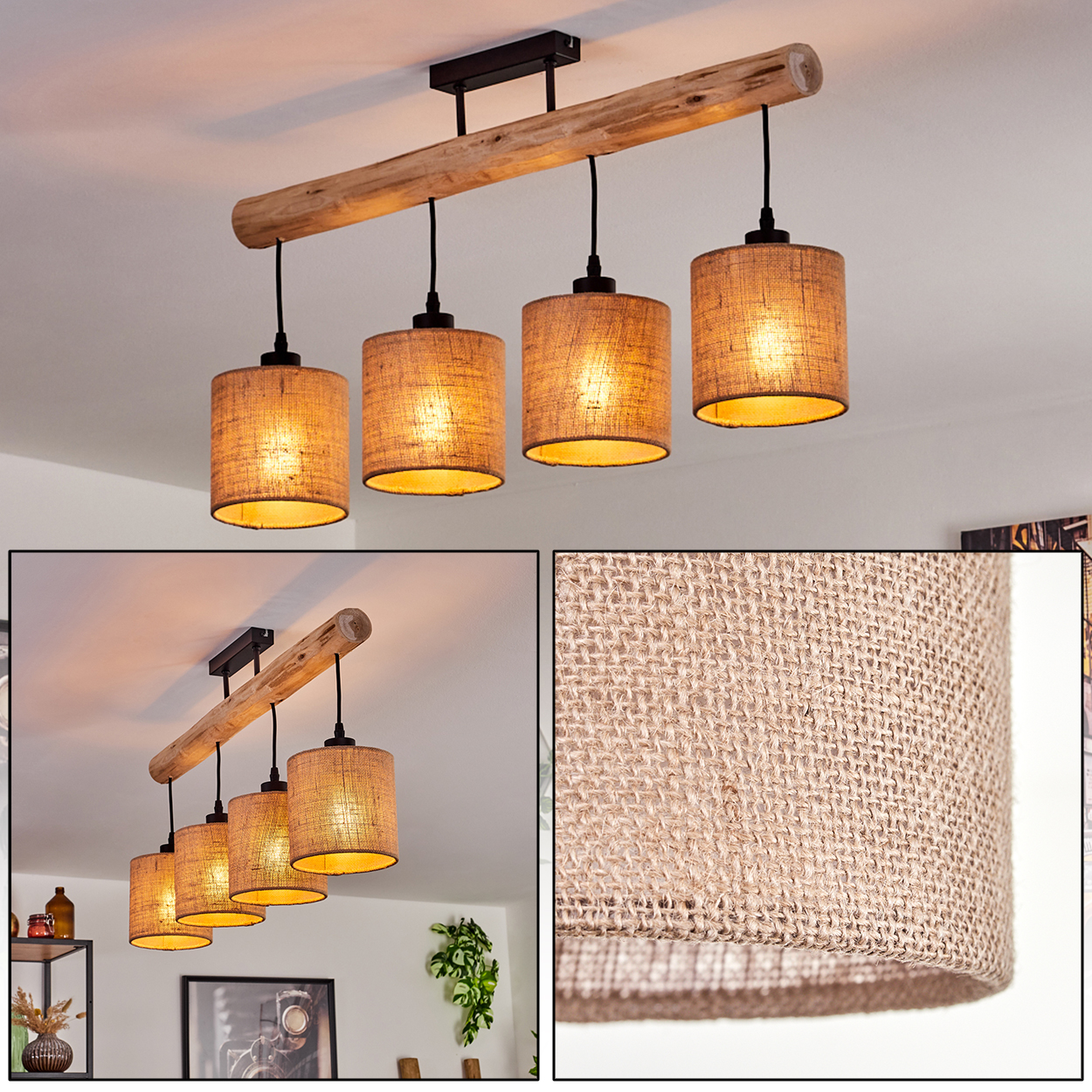 Vierflammige Pendelleuchte mit zylindrischen Schirmen. Schirme sind aus Jute. Die Lampe hängt an einem Holzbalken mit schwarzen Drähten und einem schwarzen Sockel.