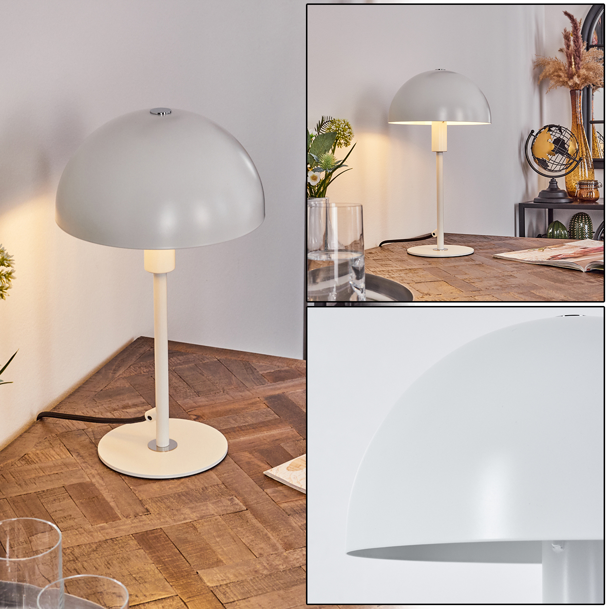 Eine graue, kuppelförmige Schreibtischlampe steht auf einem Holztisch. Die Lampe hat einen weißen Stiel und einen weißen Sockel. Ein Glas Wasser ist in der Nähe.