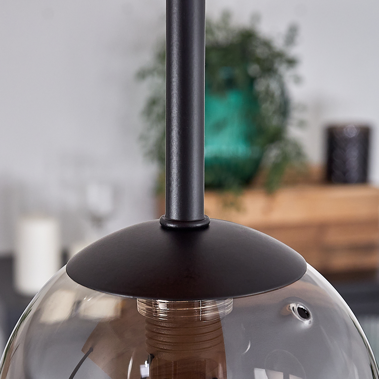 Nahaufnahme einer modernen Pendelleuchte mit dunklem Metallstiel und klarem Glasschirm. Eine grüne Pflanze und Holzkiste sind unscharf im Hintergrund.