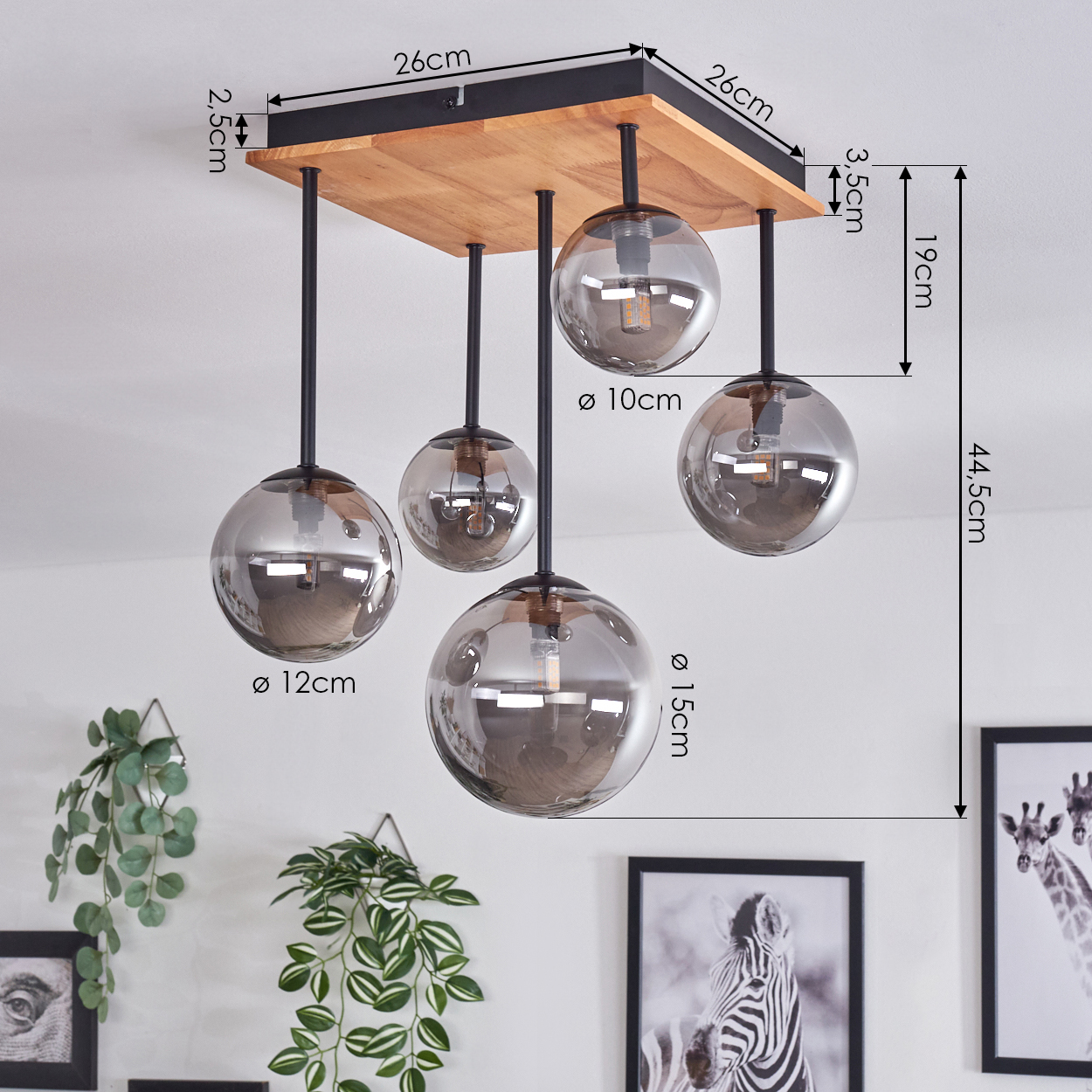 Eine Deckenlampe mit fünf Glasschirmen hängt. Maße sind angegeben. Pflanzen und Tierdrucke sind im Hintergrund.
