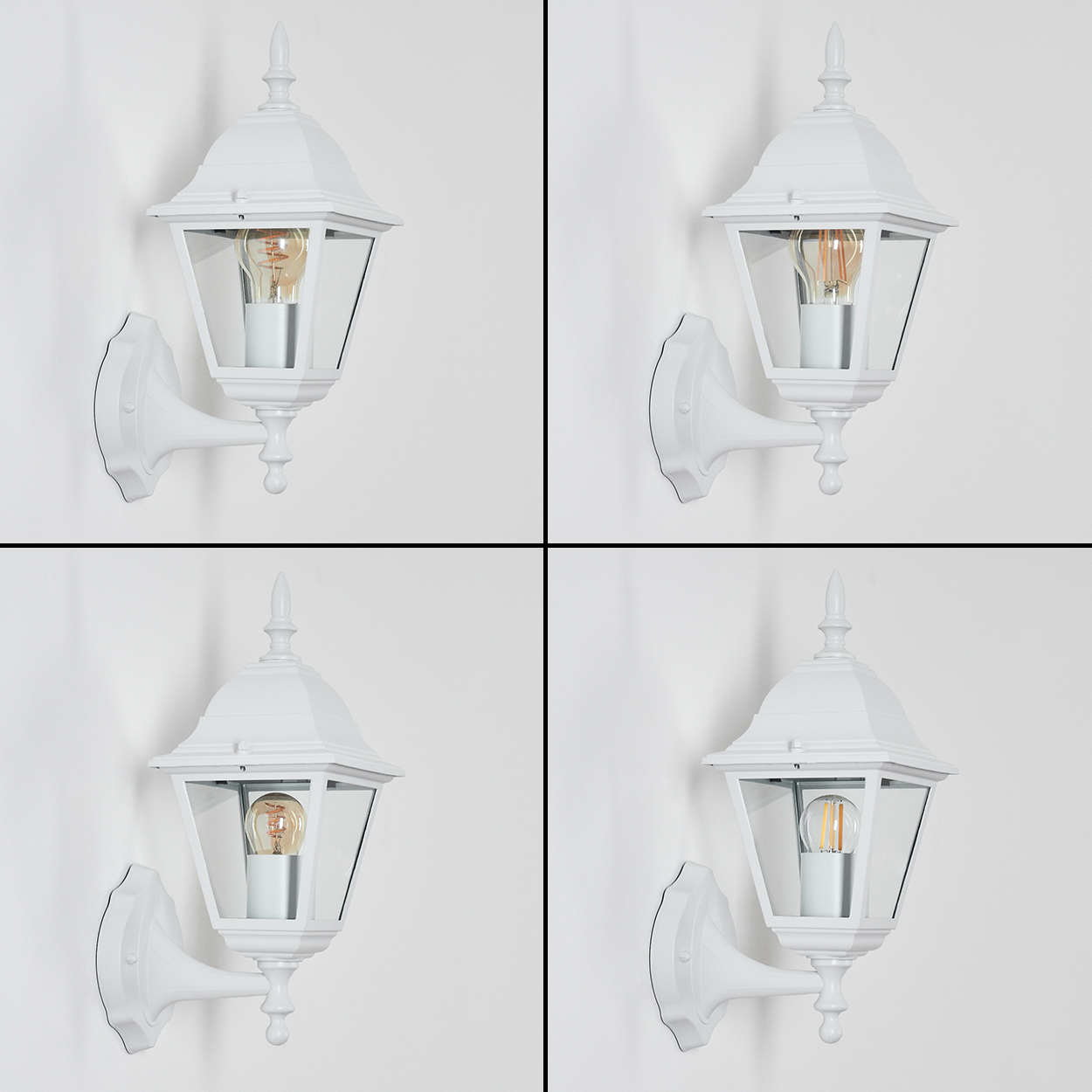 Vier weiße Wandlampen, jede mit einem Glasgehäuse und einer leuchtenden Glühbirne, vor einem schlichten weißen Hintergrund.