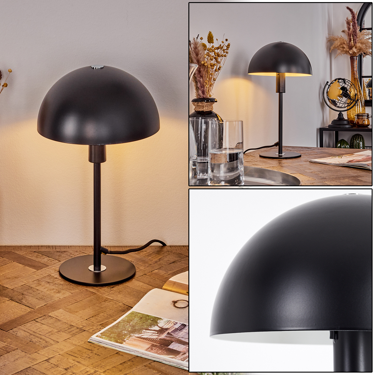 Eine schwarze Tischlampe mit kuppelförmigem Schirm steht auf einem Holztisch. Im Hintergrund befinden sich ein Glas, Blumen und ein Globus.