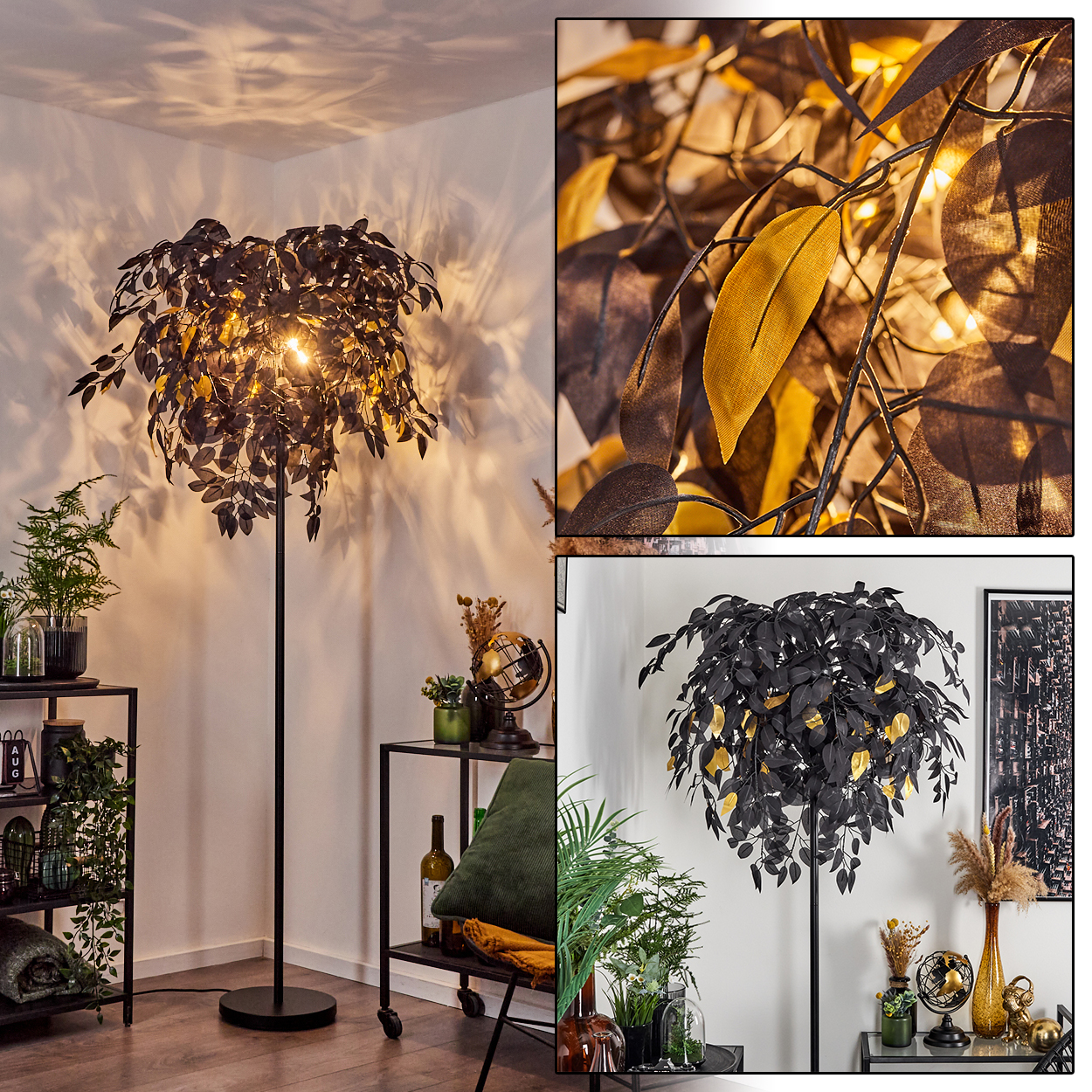 Eine schwarze Stehlampe mit blattartigen Schirmen und goldenen Akzenten. Weitere Dekorationen sind Pflanzen, ein Globus und eine Weinflasche.