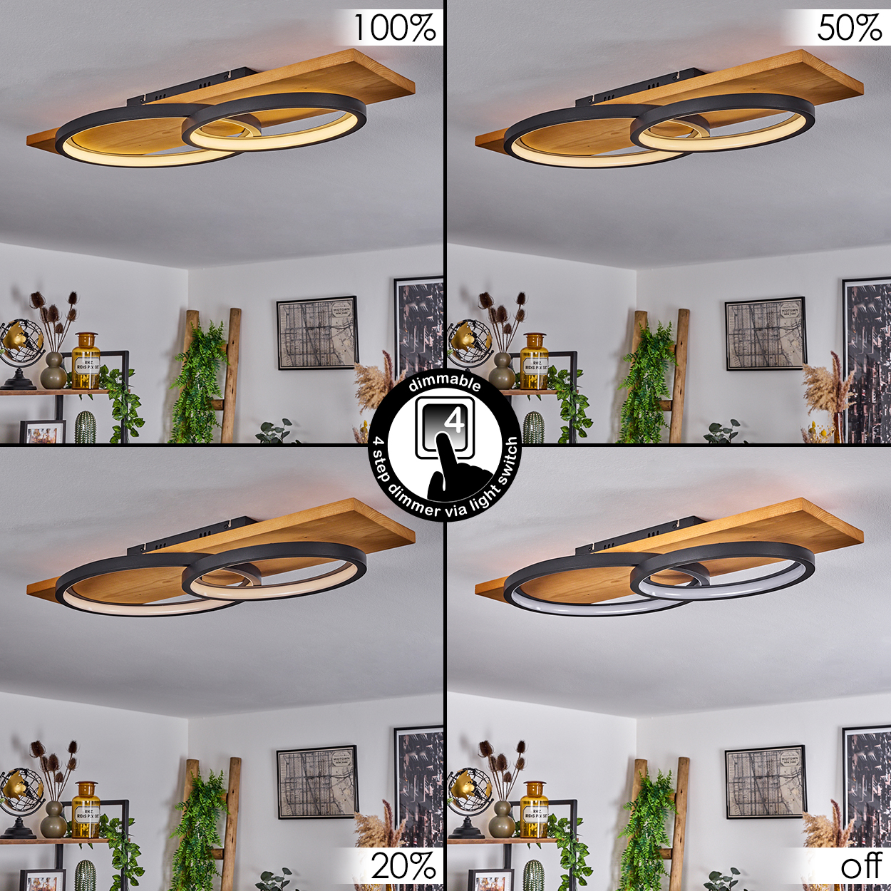 Vier Bilder zeigen eine Deckenleuchte mit unterschiedlichen Dimmstufen. Die Leuchte hat eine Holzbasis und kreisförmige LED-Leuchten. Ein Dimmschalter wird gezeigt.