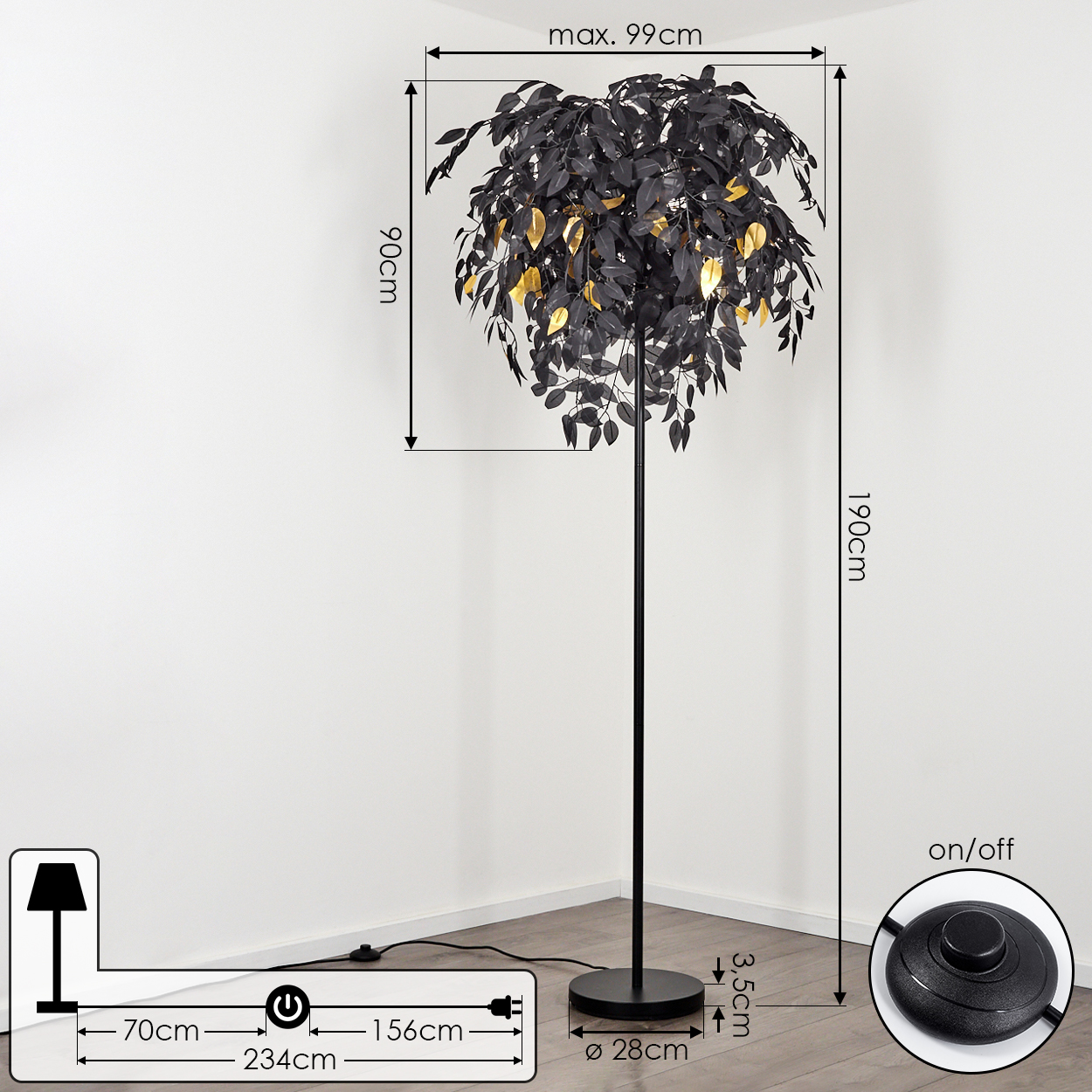 Eine schwarze Stehlampe mit baumartigem Design. Sie hat schwarze Blätter mit goldenen Akzenten und einen runden Sockel. Maße sind sichtbar.