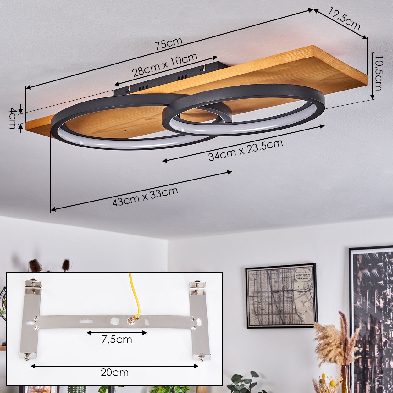 Eine Deckenlampe aus Holz mit zwei kreisförmigen Lichtern. Abmessungen sind angegeben. Eine kleinere Einlage zeigt die Montagehalterung.