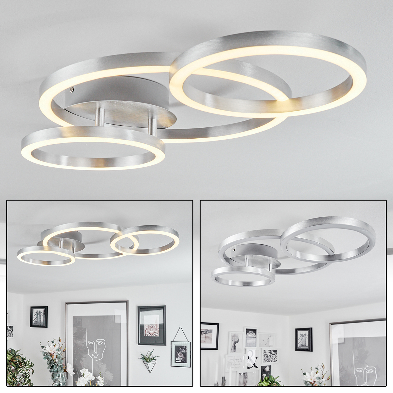 Eine moderne Deckenleuchte mit drei silbernen Ringen. Die Ringe haben ein warmweißes Licht. Der Hintergrund ist eine weiße Decke.