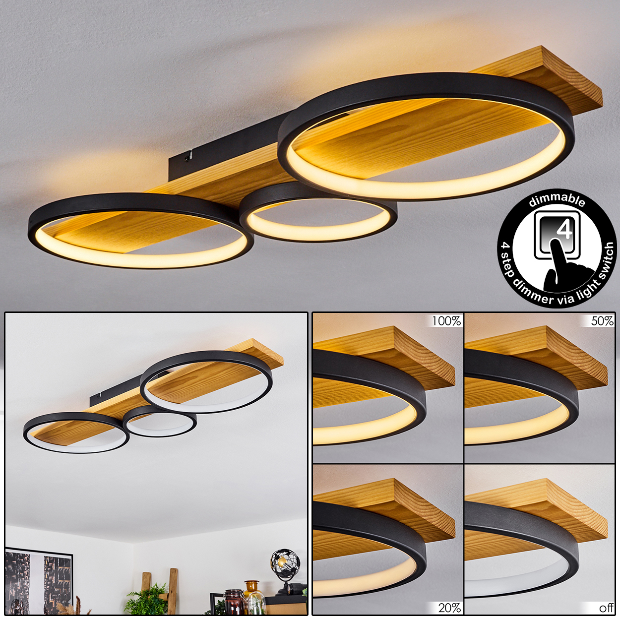 Moderne Deckenleuchte mit drei kreisförmigen LED-Leuchten in Schwarz, montiert auf einem Holzbrett, und einem Dimm-Symbol.