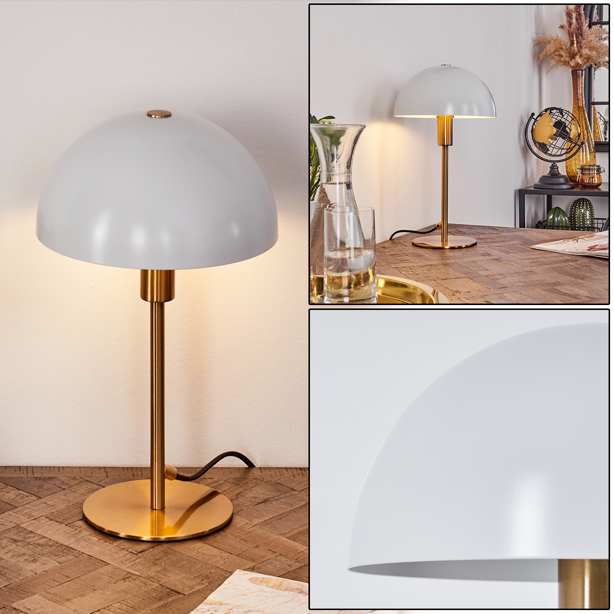 Eine weiße Kuppellampe mit goldenem Sockel und Stiel auf einem Holztisch. Weitere Objekte im Hintergrund: Vase, Globus, Glas.