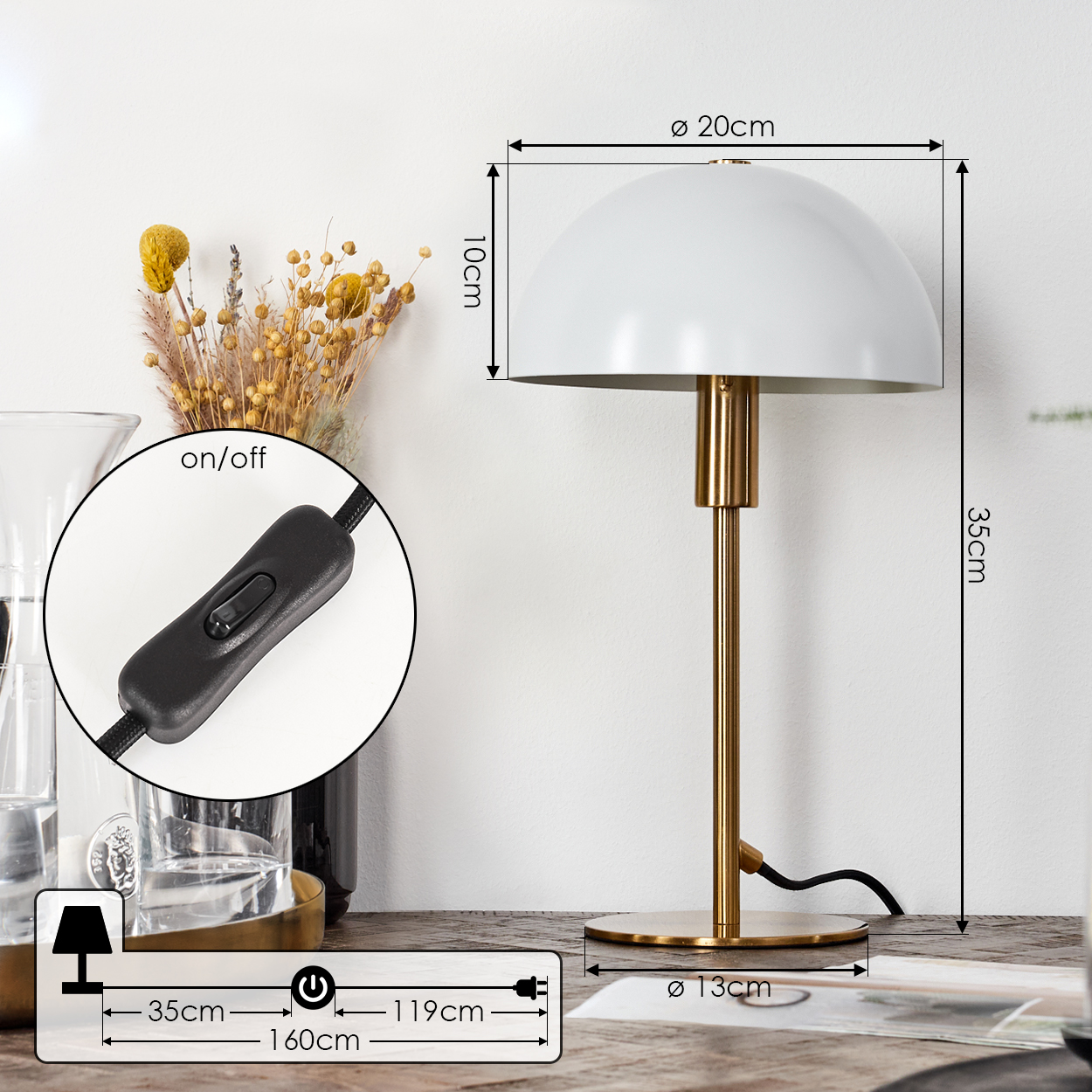 Eine weiße und goldene Schreibtischlampe mit Abmessungen. Die Lampe hat einen gewölbten Schirm, einen goldenen Stiel und eine runde Basis. Ein schwarzer Schalter ist gezeigt.