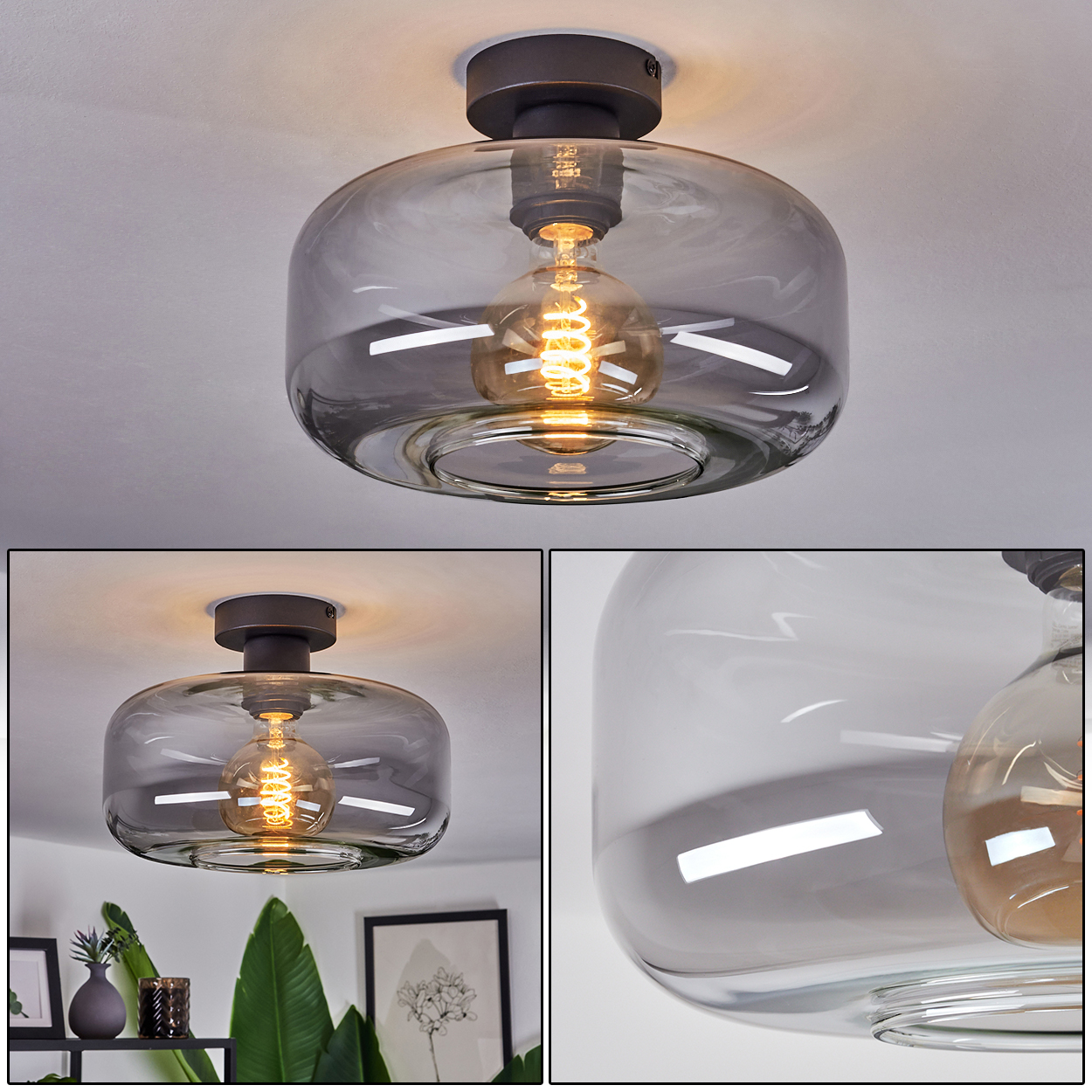 Eine moderne Deckenleuchte mit rauchfarbenem Glasschirm und sichtbarer Glühbirne. Die Leuchte ist kreisförmig und hat eine dunkle Metallfassung.