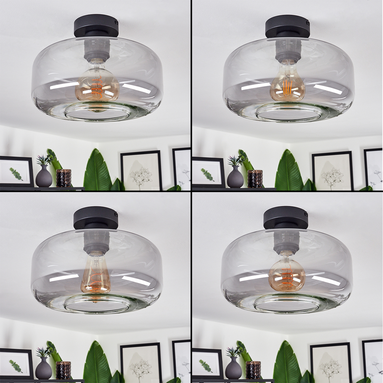 Vier Bilder einer Deckenlampe aus Glas mit sichtbarer Glühbirne. Der Hintergrund zeigt ein Regal mit gerahmter Kunst und Pflanzen.