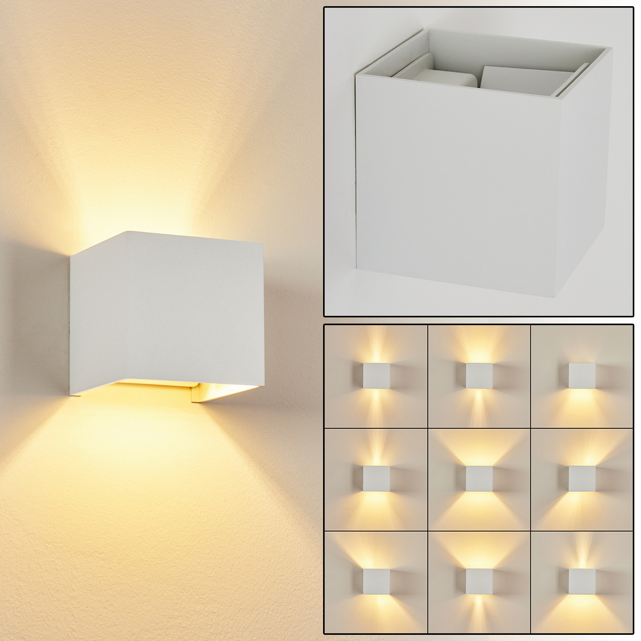 Weiße, würfelförmige Wandleuchte. Die Lampe strahlt Licht nach oben und unten und beleuchtet die Wand. Es gibt neun weitere Beispiele.