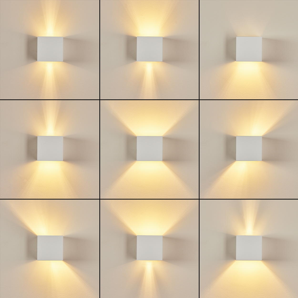 Neun quadratische, weiße Wandlampen mit unterschiedlichen Lichtrichtungen. Die Lampen befinden sich an einer beigen Wand. Jede strahlt warmes Licht aus.
