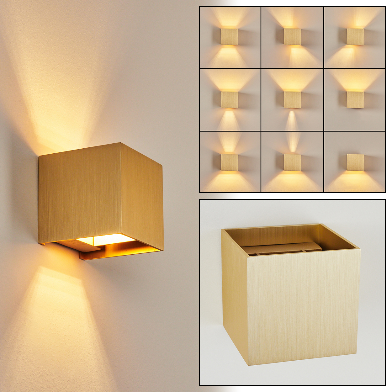 Eine goldene Wandleuchte, rechteckig, mit Licht, das nach oben und unten scheint. Es werden verschiedene Lichtmuster gezeigt. Eine Nahaufnahme der Lampe ist ebenfalls vorhanden.