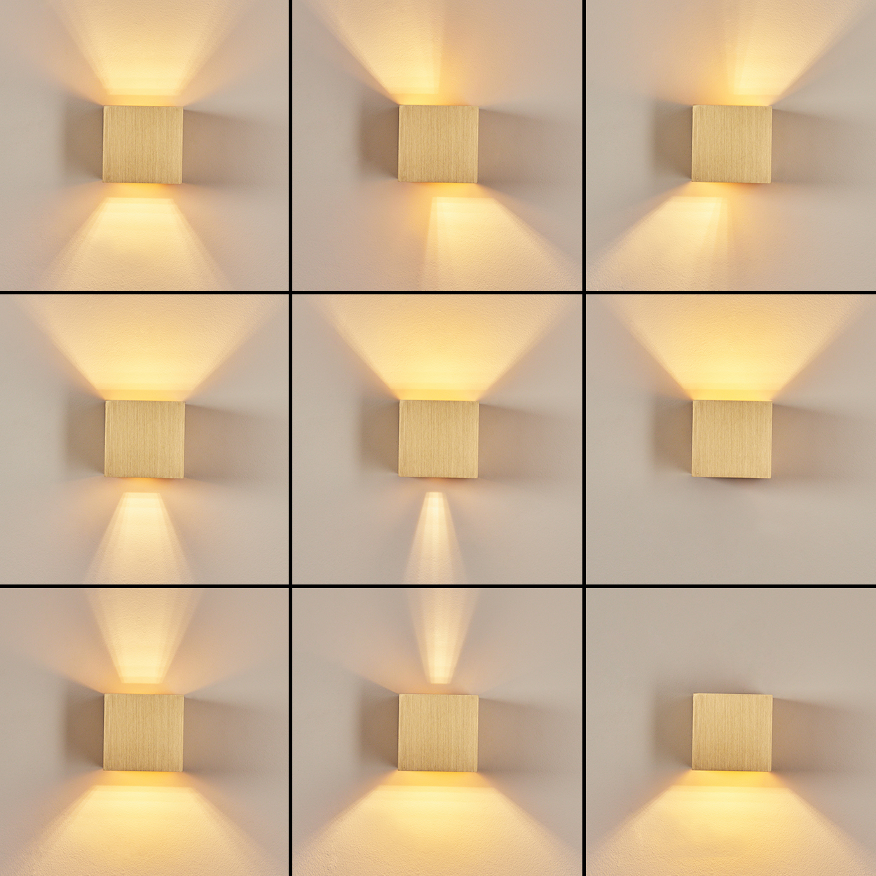 Neun quadratische Wandleuchten mit unterschiedlichen Lichtmustern. Jede Leuchte ist goldfarben und strahlt nach oben und unten.