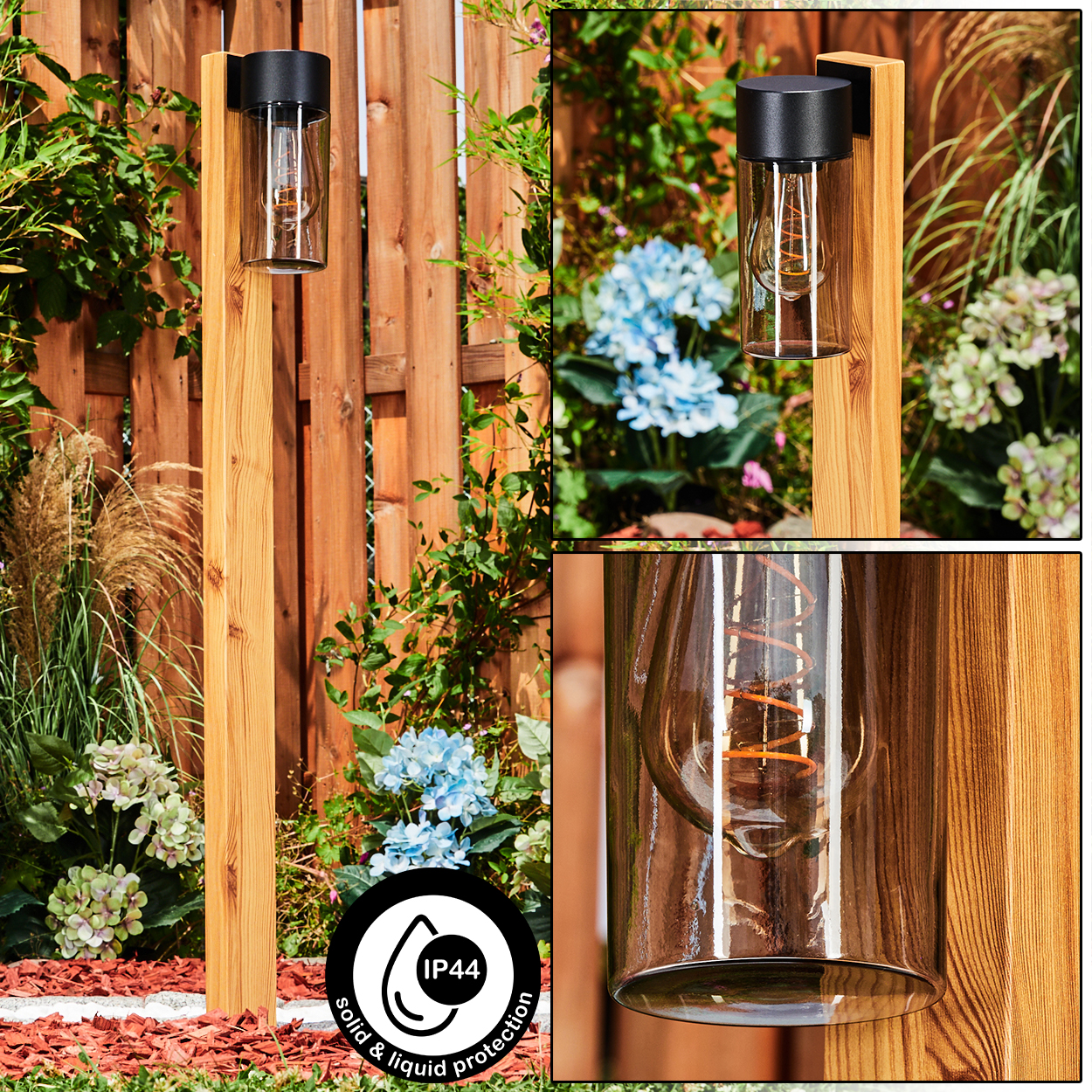 Außenleuchte. Holzpfosten mit Glas- und schwarzer Lampe. Blumen und Holzzaun im Hintergrund. IP44-Schutzlogo.