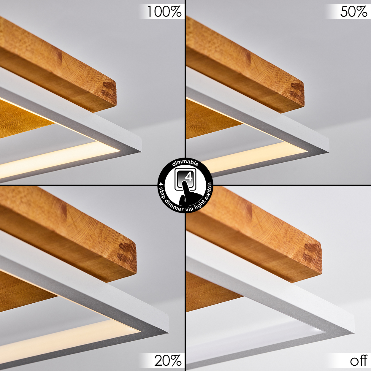 Eine Deckenlampe mit Holz- und weißen Elementen. Vier Lichteinstellungen: 100 %, 50 %, 20 % und aus. Dimmbar per Schalter.