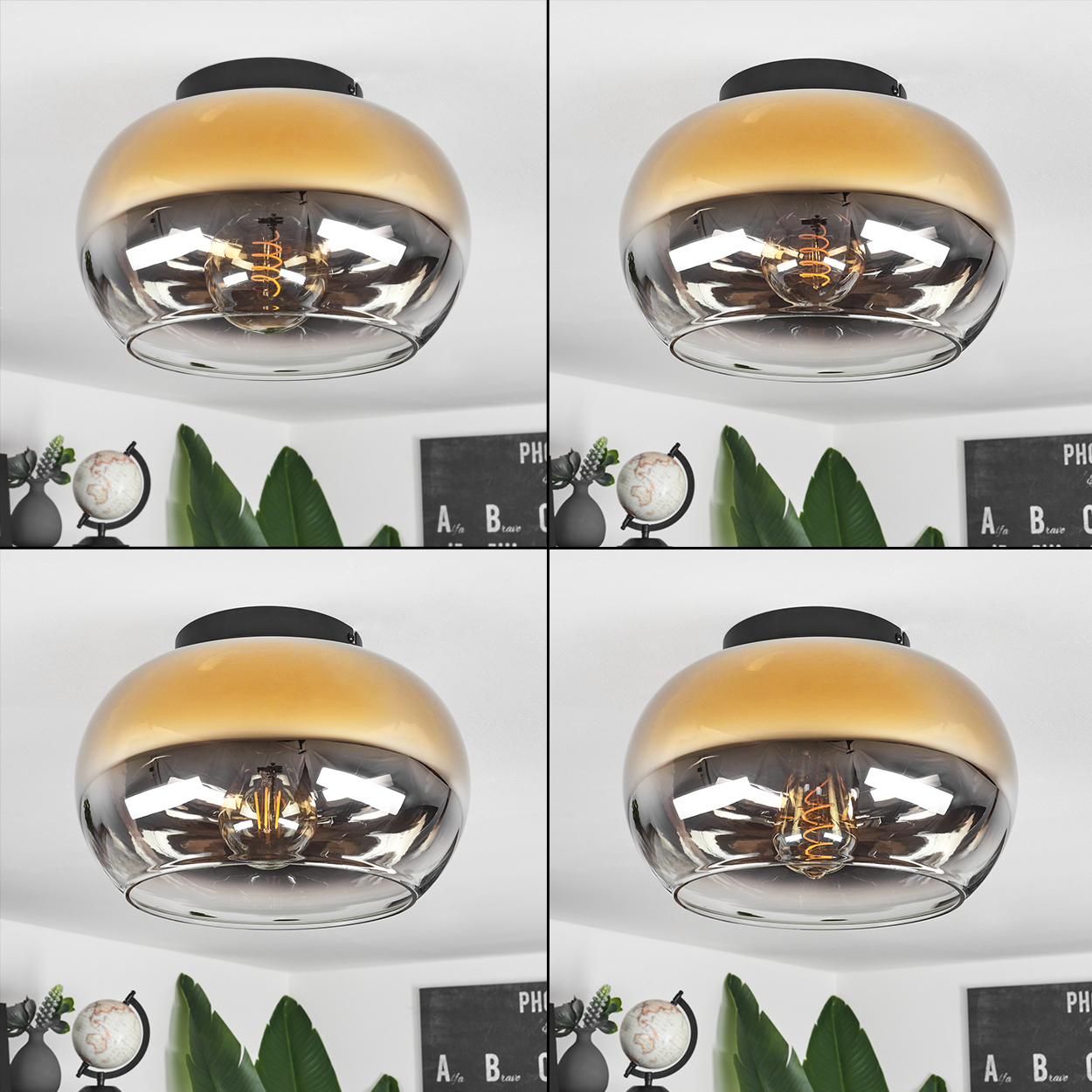 Eine Deckenlampe mit goldfarbenem und transparentem Glasschirm. Darunter ein Regal mit Dekoration und grünen Blättern. Der Hintergrund ist weiß.