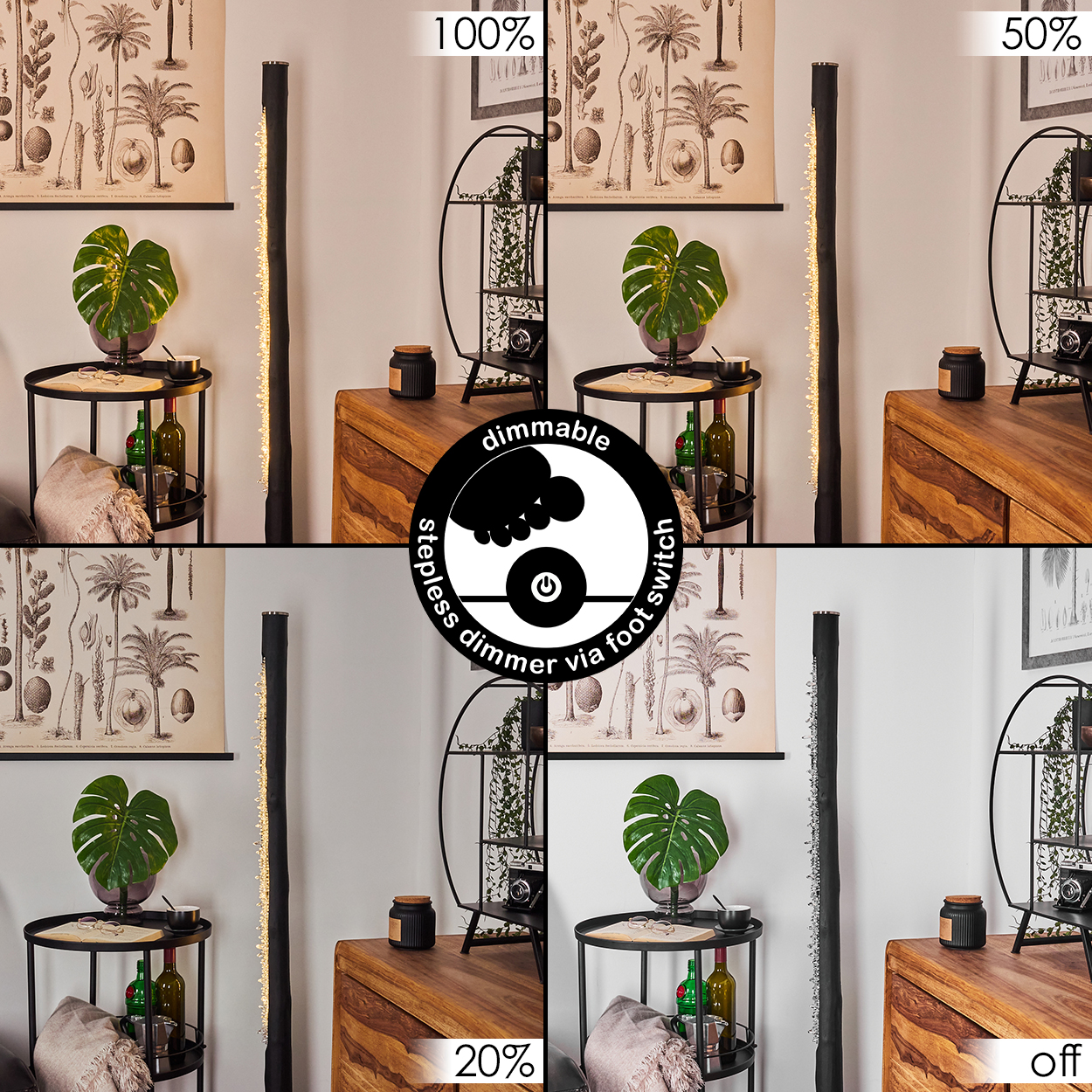 Eine schwarze Stehlampe mit Lichtern steht in einem Raum. Es gibt Tische, Pflanzen und Poster. Die Lampe hat verschiedene Dimmoptionen.