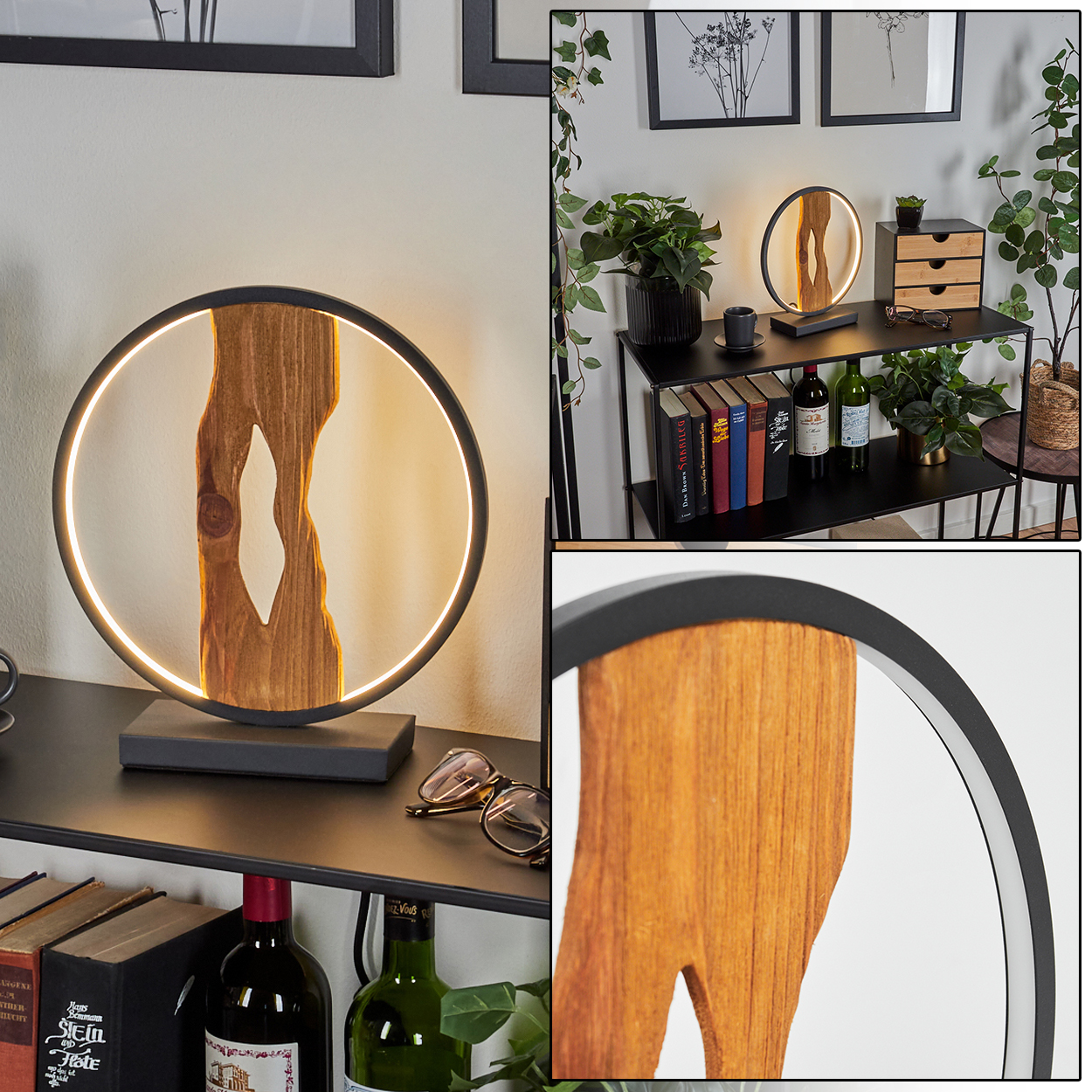 Eine moderne Lampe mit Holzeinsatz und kreisförmigem Licht steht auf einem schwarzen Regal. Bücher und Weinflaschen sind darunter zu sehen.