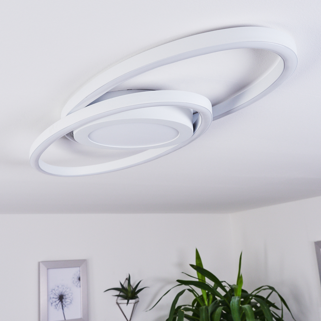Eine moderne, weiße Deckenleuchte mit kreisförmigem Design. Darunter ein gerahmtes Bild und Pflanzen.