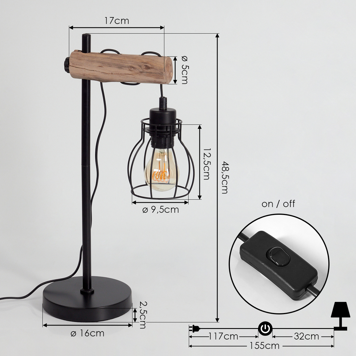Eine schwarze Tischlampe mit Holzbalken und käfigartigem Lampenschirm, mit Maßangaben und einem Ein/Aus-Schalter.