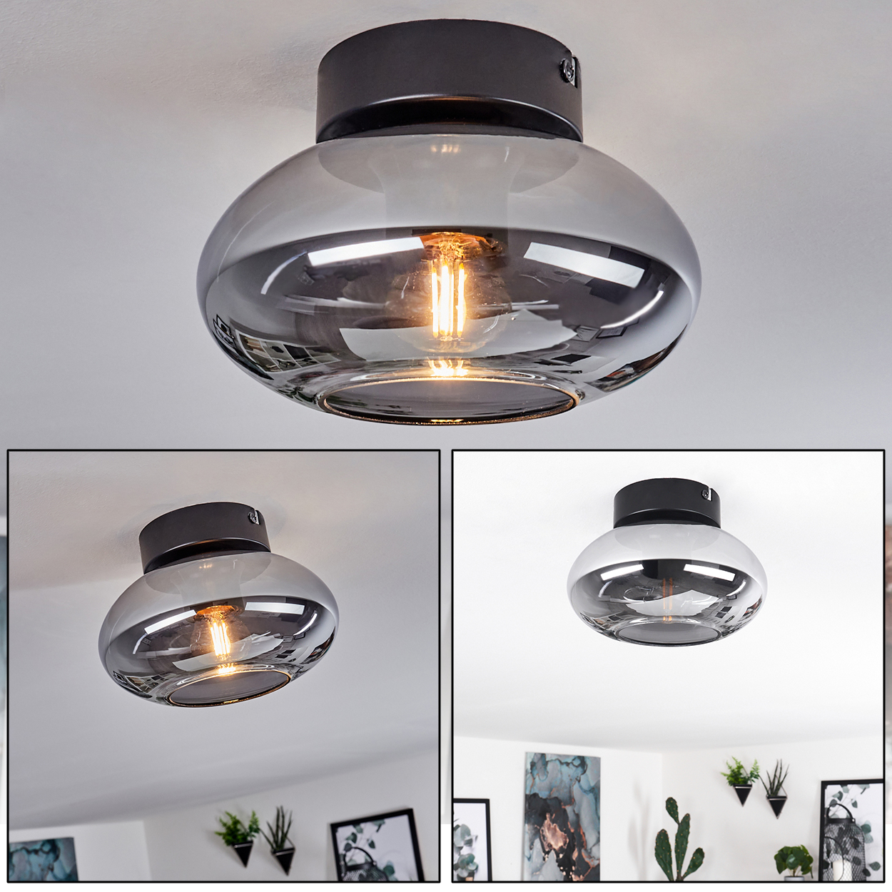 Eine Deckenlampe mit schwarzem Sockel und transparentem, grauem Glasschirm. Sie hat eine sichtbare Glühbirne. Der Hintergrund ist eine weiße Decke.