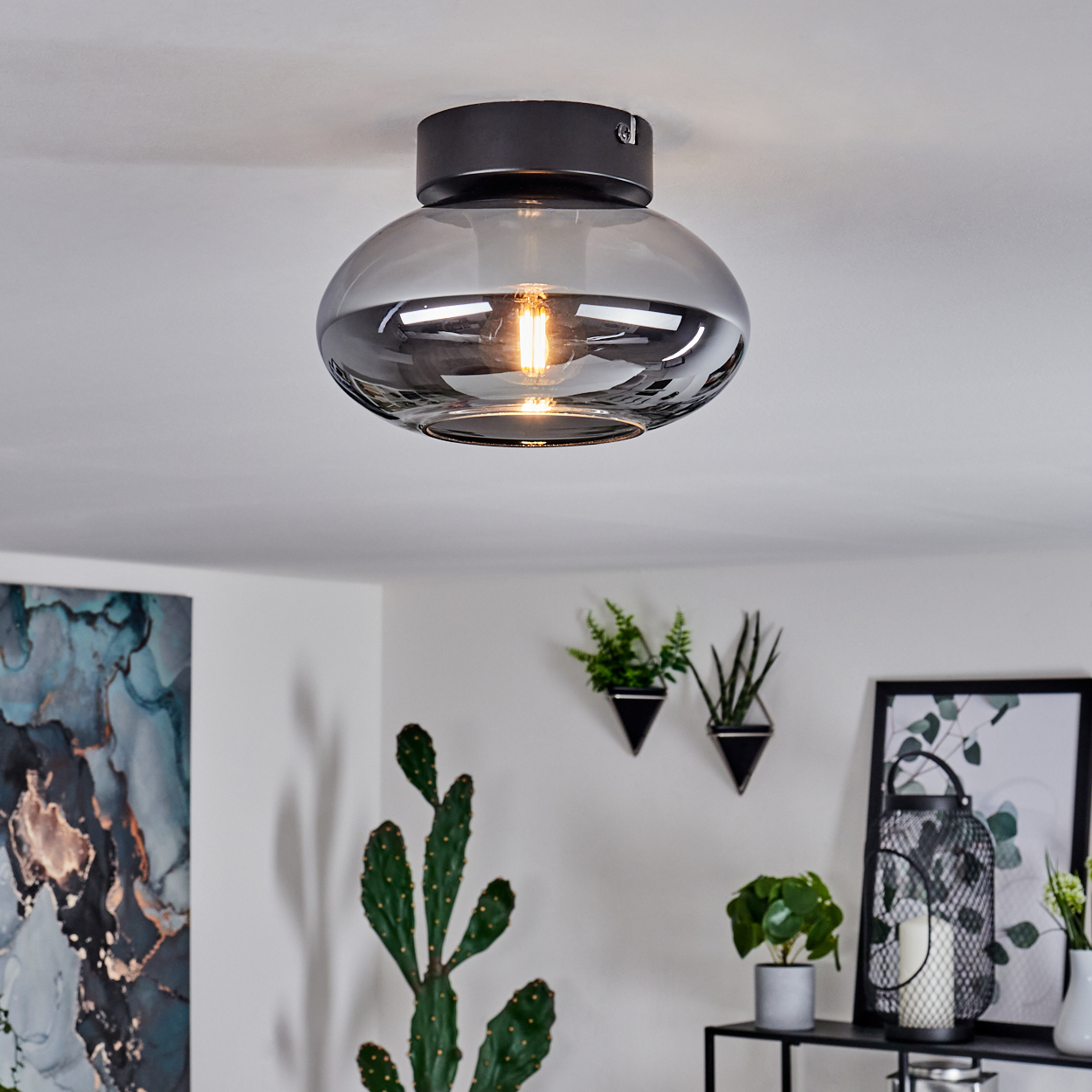 Graue Deckenlampe mit Glühbirne. Im Hintergrund ein Kaktus, Kunstwerk und Pflanzen in Töpfen.