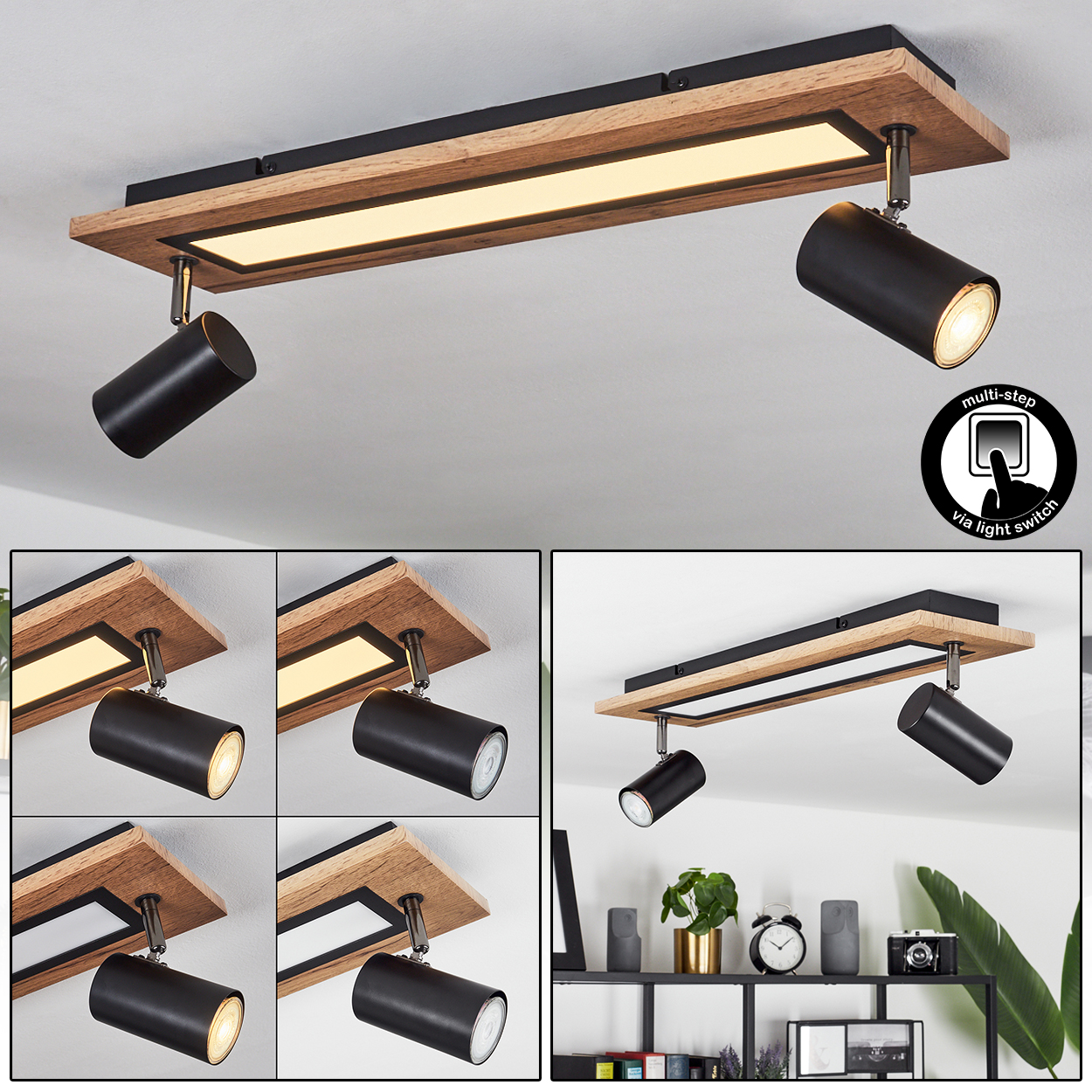 Schwarze Strahler auf einem Holzrahmen mit integriertem Licht. Der Rahmen ist an einer weißen Decke befestigt. Multi-Step-Lichtschalter-Symbol.