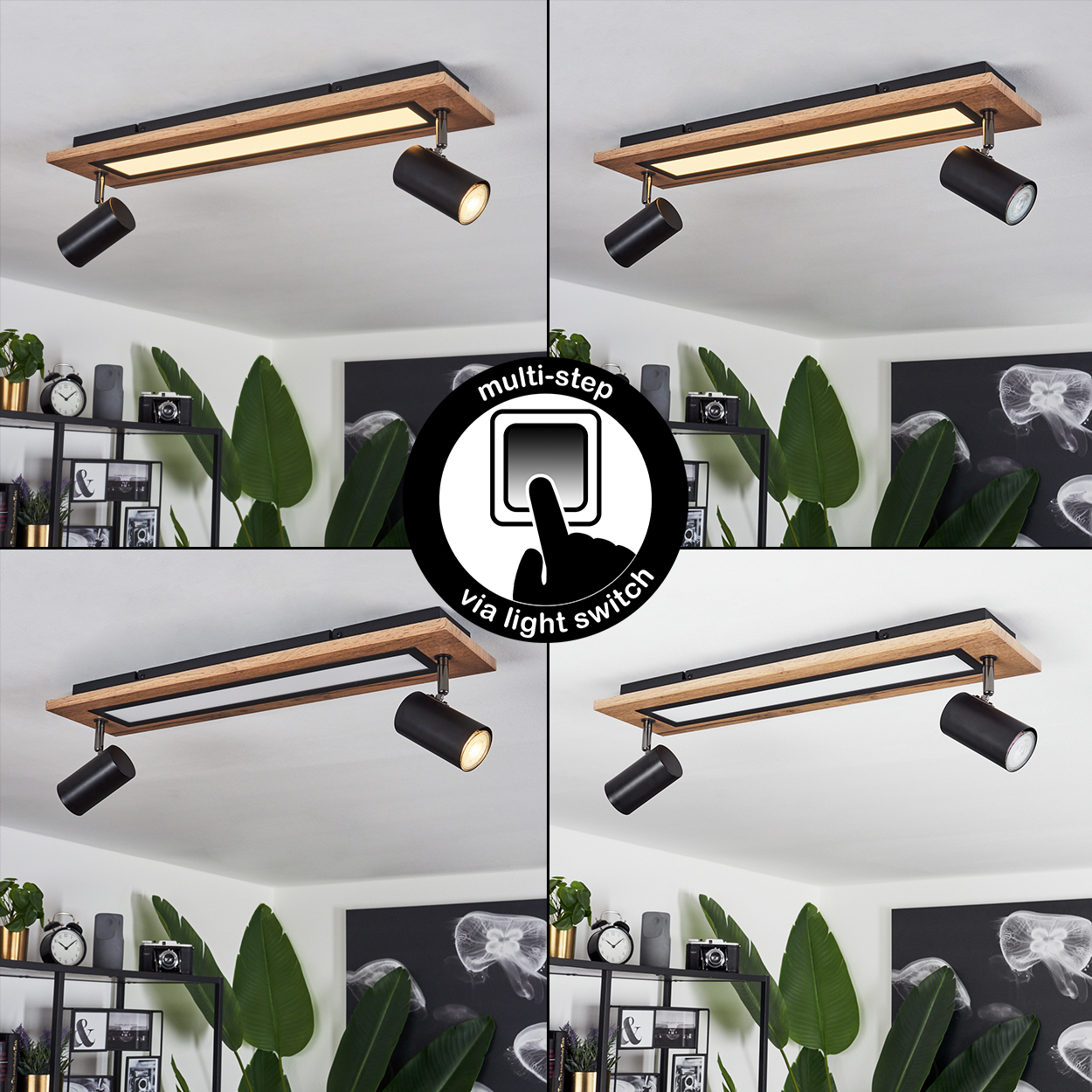 Vier Bilder zeigen eine Deckenleuchte mit verstellbaren Strahlern, wechselnden Lichtmodi und einem Schaltersymbol an einer weißen Decke.