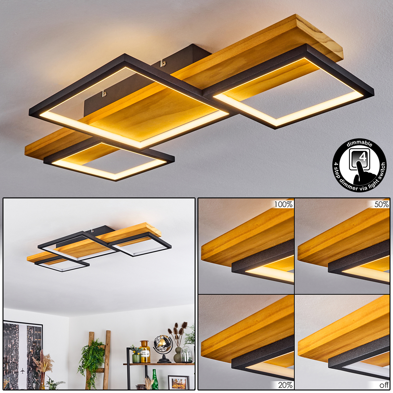 Moderne Deckenleuchte mit Holz- und schwarzen Metallakzenten. Sie hat quadratische Lichtelemente und eine Dimmfunktion. Das Licht ist an.