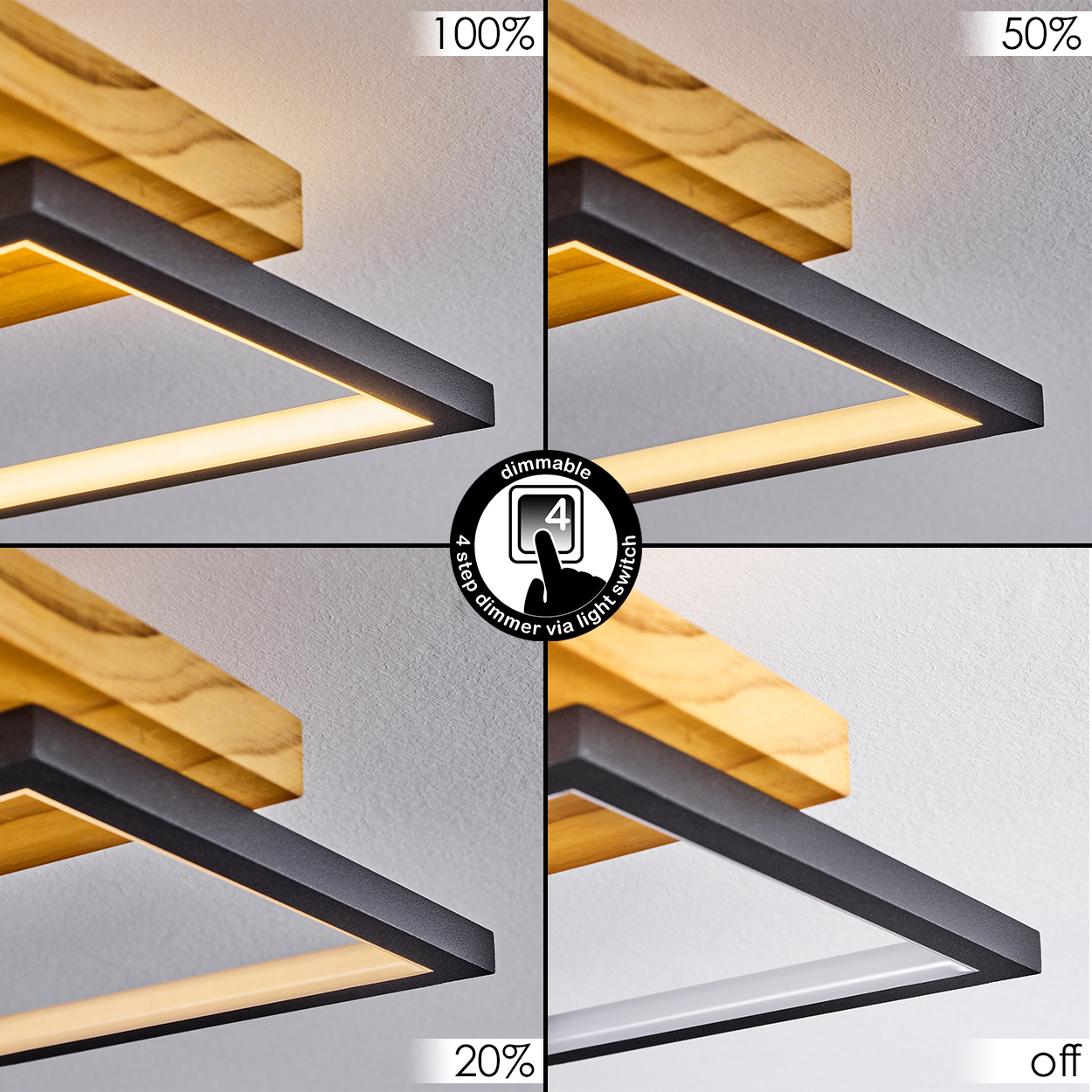 Vier Ansichten einer dimmbaren LED-Leuchte. Die Lichtintensität variiert von 100 % bis aus, mit Holzelement und schwarzem Rahmen.