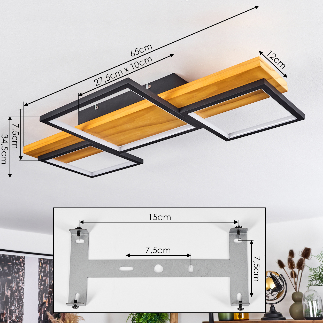 Moderne Deckenleuchte mit Holz- und schwarzen Metallakzenten. Abmessungen sind angegeben. Eine Halterung ist in einem kleinen Einsatz gezeigt.