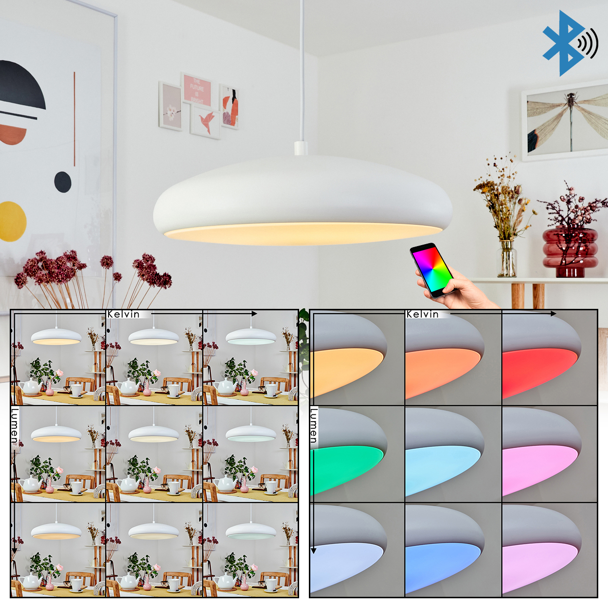 Eine weiße, runde, moderne Lampe mit Farbwechseloptionen. Eine Hand hält ein Telefon mit einem Farbrad, das die Funktionen der Lampe zeigt.