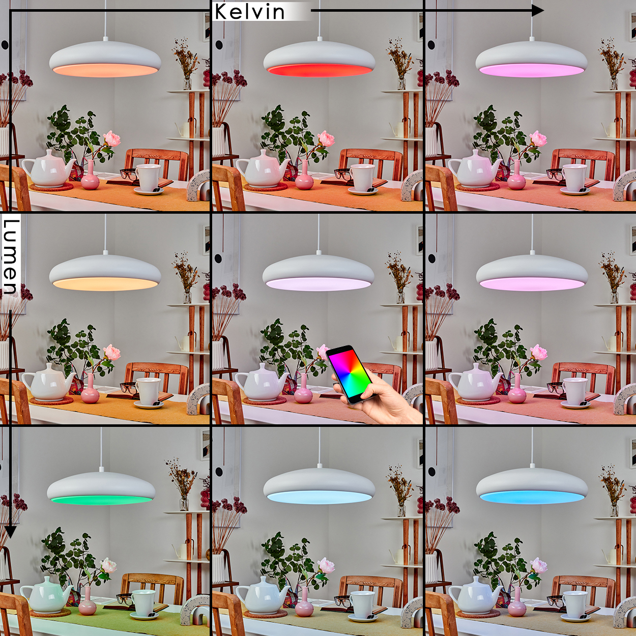 Eine moderne Esszene mit einer farbwechselnden Smart-Lampe. Eine Hand hält ein Telefon. Tisch mit Blumen, Teeservice und Gläsern gedeckt.